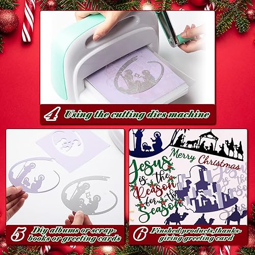 Miniatura 6 de Jinei 4 troqueles de Navidad para hacer tarjetas, troqueles de metal para belén, escena de pesebre, plantillas de grabado de corte de acero,