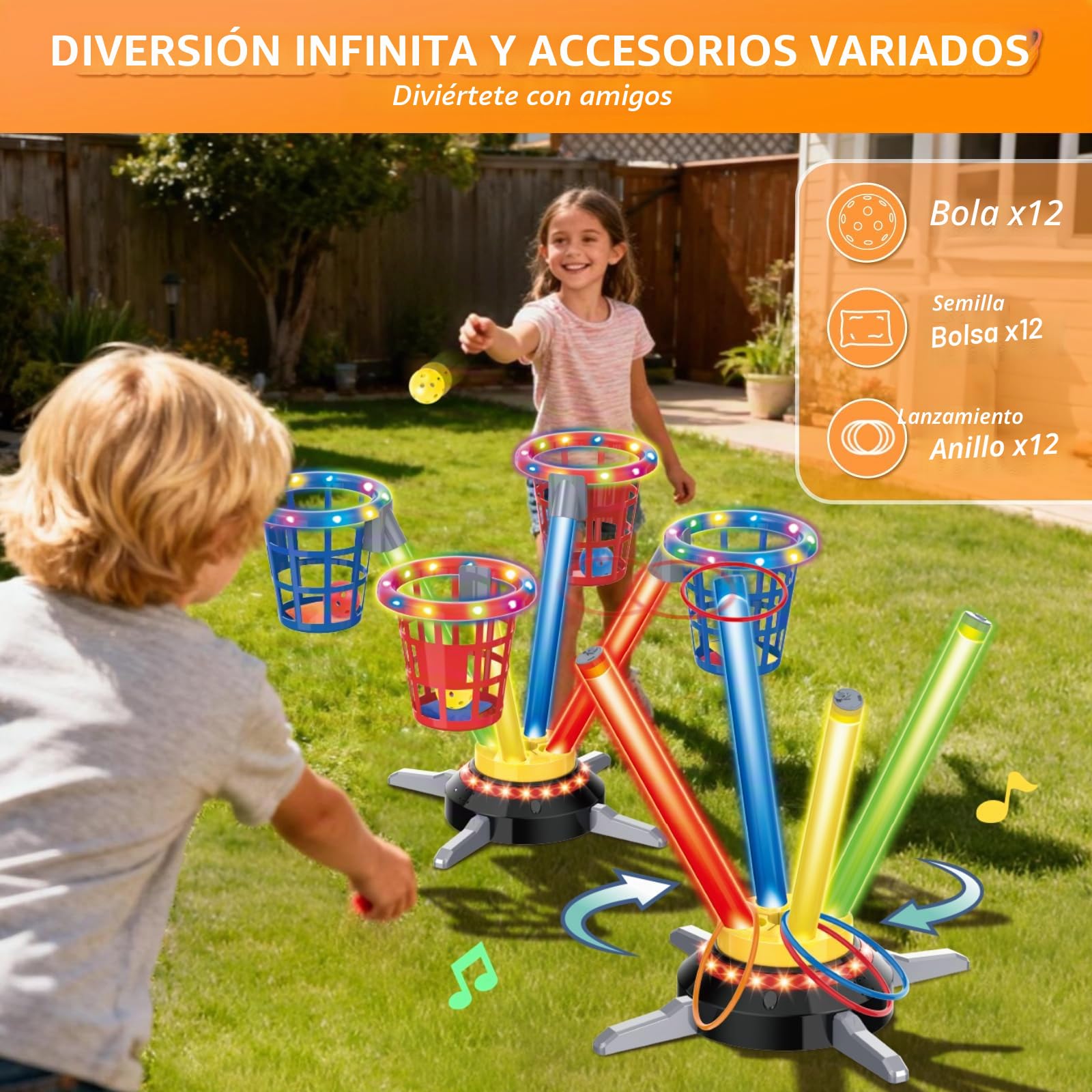 VATOS Juego de Lanzamiento 3 en 1 (Saco de Bolas y Aros), Salto Musical para Niños, Base Giratoria Eléctrica con Mando a Distancia, Luces, Juguete para Interior/Exterior y Jardín para Niño Niña 3+