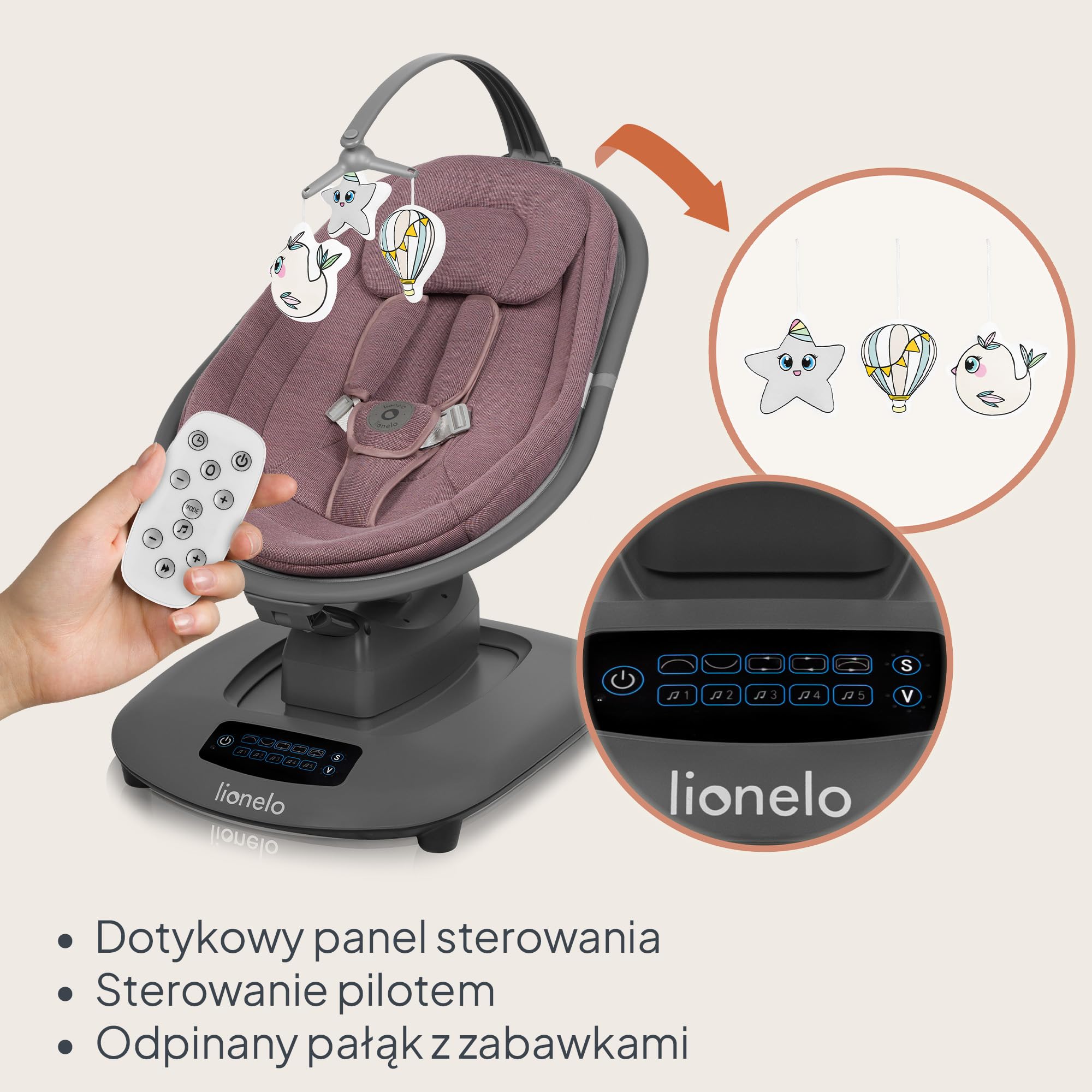 LIONELO BLOSSOM Elektryczny Bujaczek Niemowlęcy do 9 kg Leżaczek dla Dzieci Regulacja Oparcia Naturalne Kołysanie 5 Prędkości Ergonomiczne Siedzisko Bluetooth Pilot, 5 Melodii