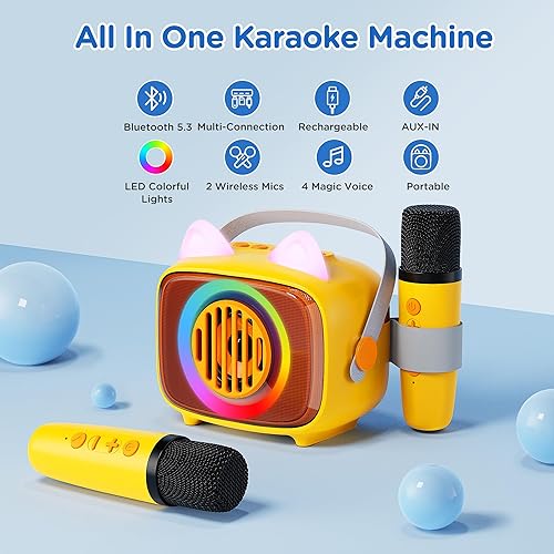 Miniatura 2 de BIGASUO Máquina de karaoke para niños con 2 micrófonos inalámbricos, altavoz portátil Bluetooth de karaoke con luces LED, regalo ideal para niñas,
