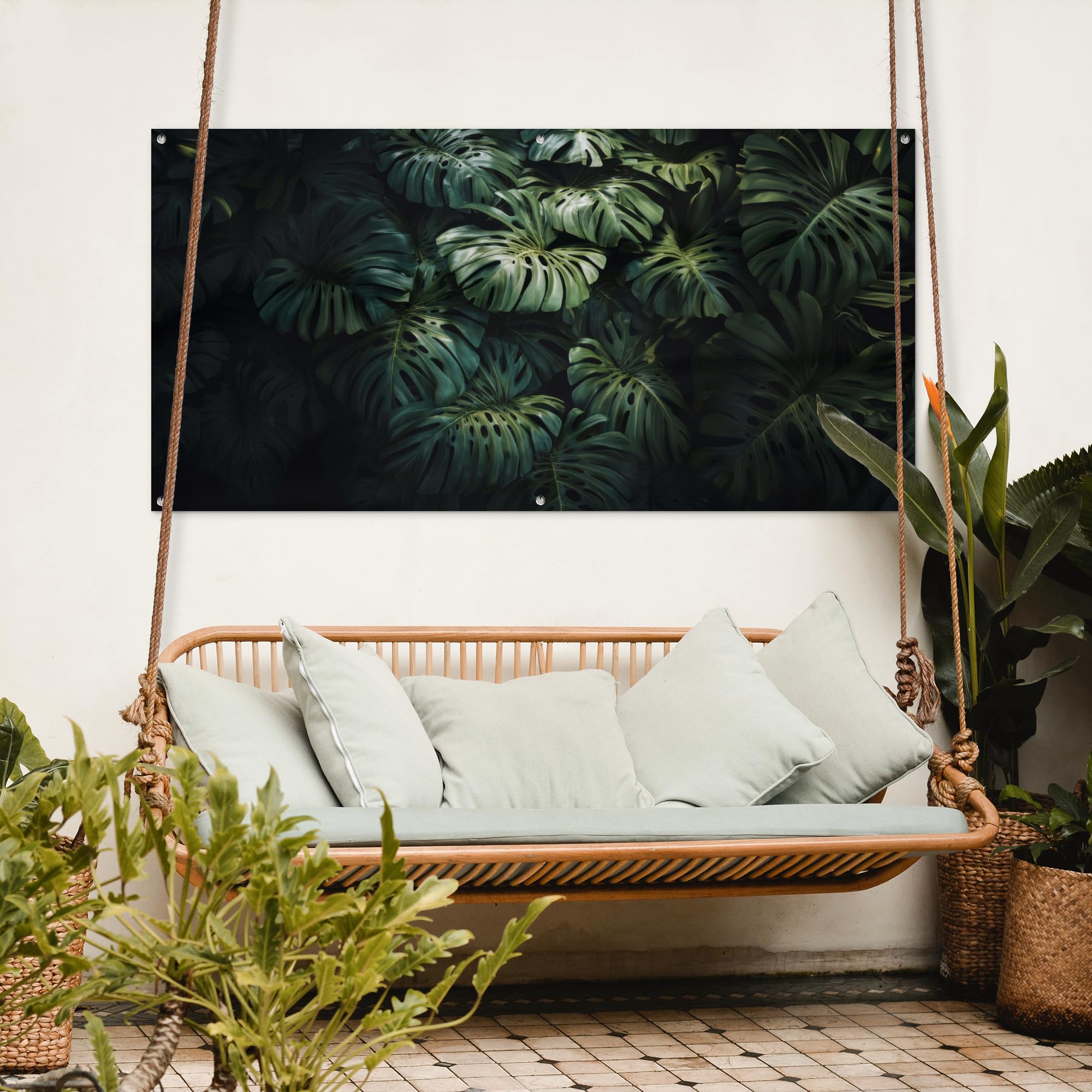 MuchoWow© Poster De Jardin Decoracion Balcón Wall Decoration Adornos Pared | 160x80 cm - Terraza Exterior Decoración Patio Posters Decorativos Planta - Monstera - Ligera