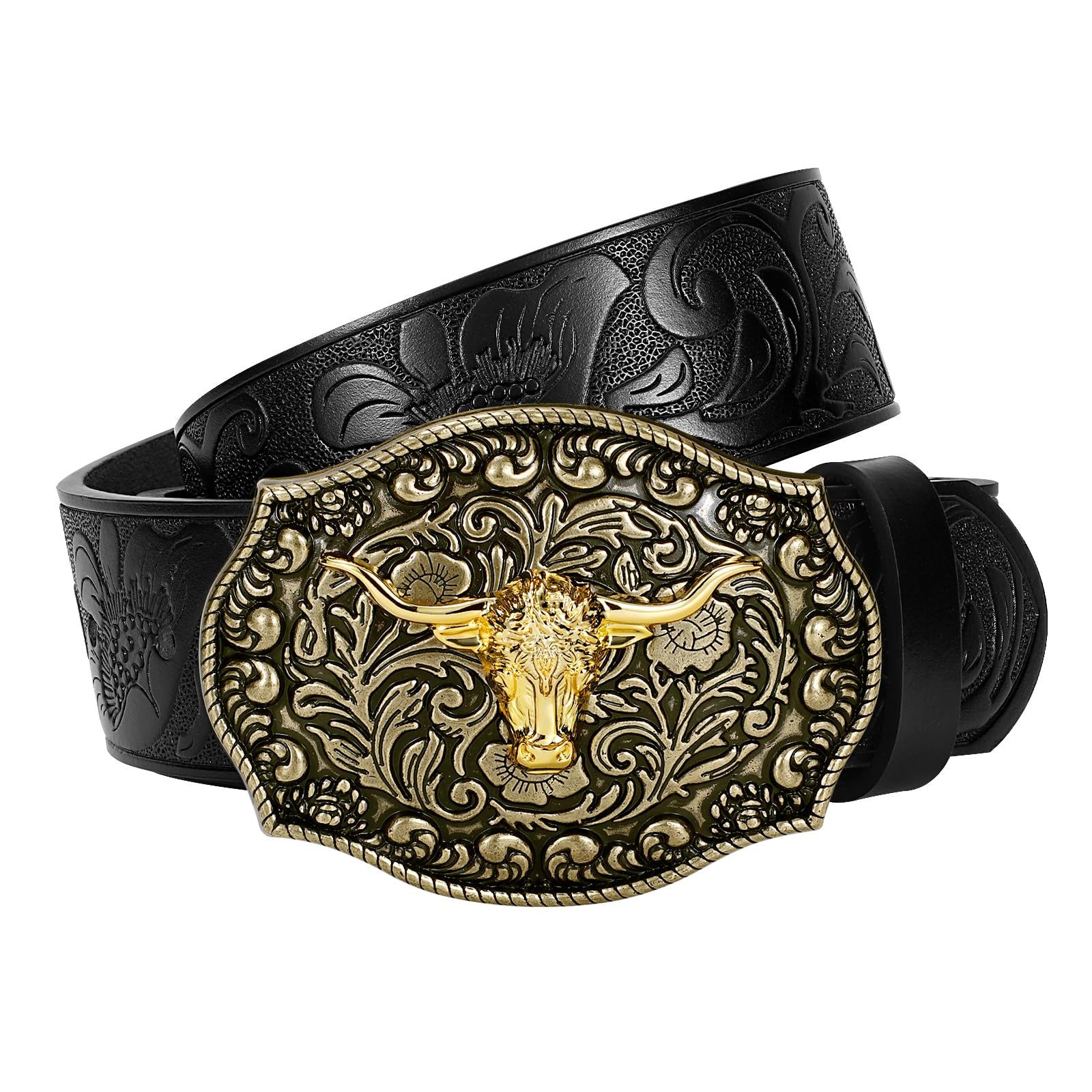 TRIWORKS Mens Western cowboy belt Classic embossed leather belts with Printed Engraved Buckle