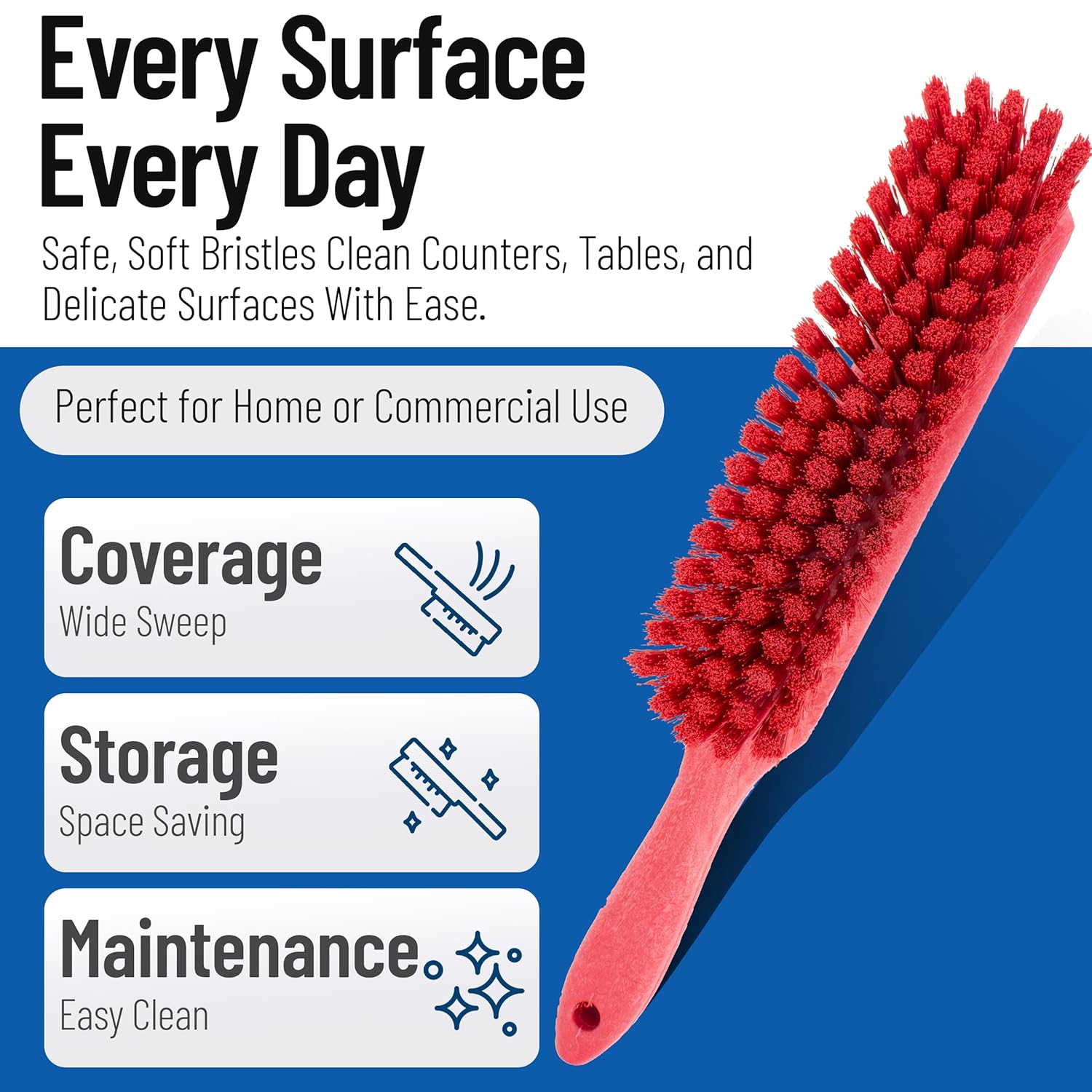 SPARTA Handheld Soft Counter Brush 8 Inch Bristle Span, Multi-Use Dust Brush with 5 Inch Handle for Tables, Countertops, and Delicate Surfaces, Polyester, Red, (Pack of 6)