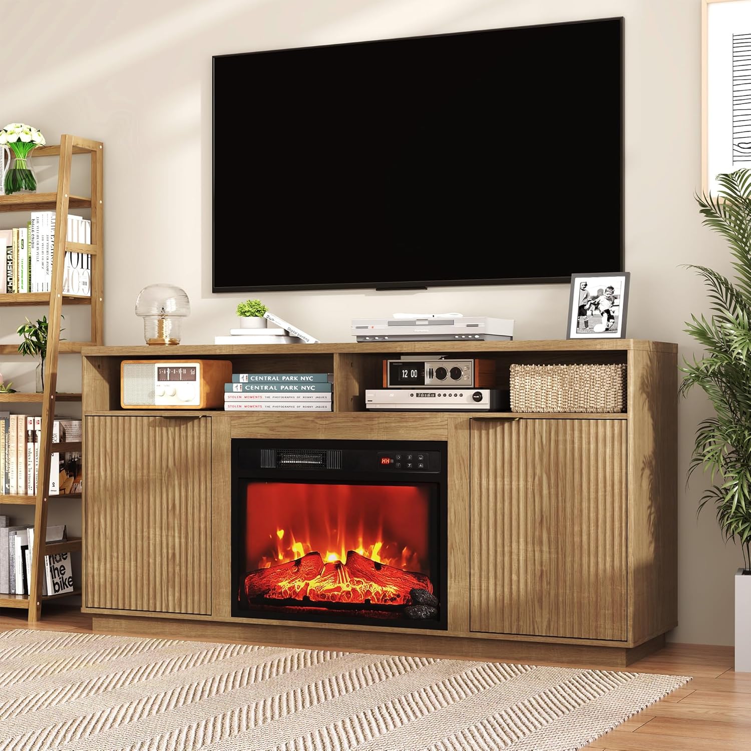 59" Fluted TV Stand with Fireplace, Fluted Entertainment Center for TVs Up to 70" TV, Wood Media Console with Curved Profile Design and Adjustable Shelves for Living Room, Natural Oak
