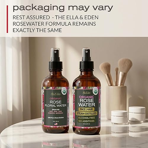 Miniatura 8 de Ella & Eden Spray de agua de rosas 100% pura orgánica para cara, para el cabello, 8 onzas, sin alcohol, sin aditivos, orgánico USDA, destilado al
