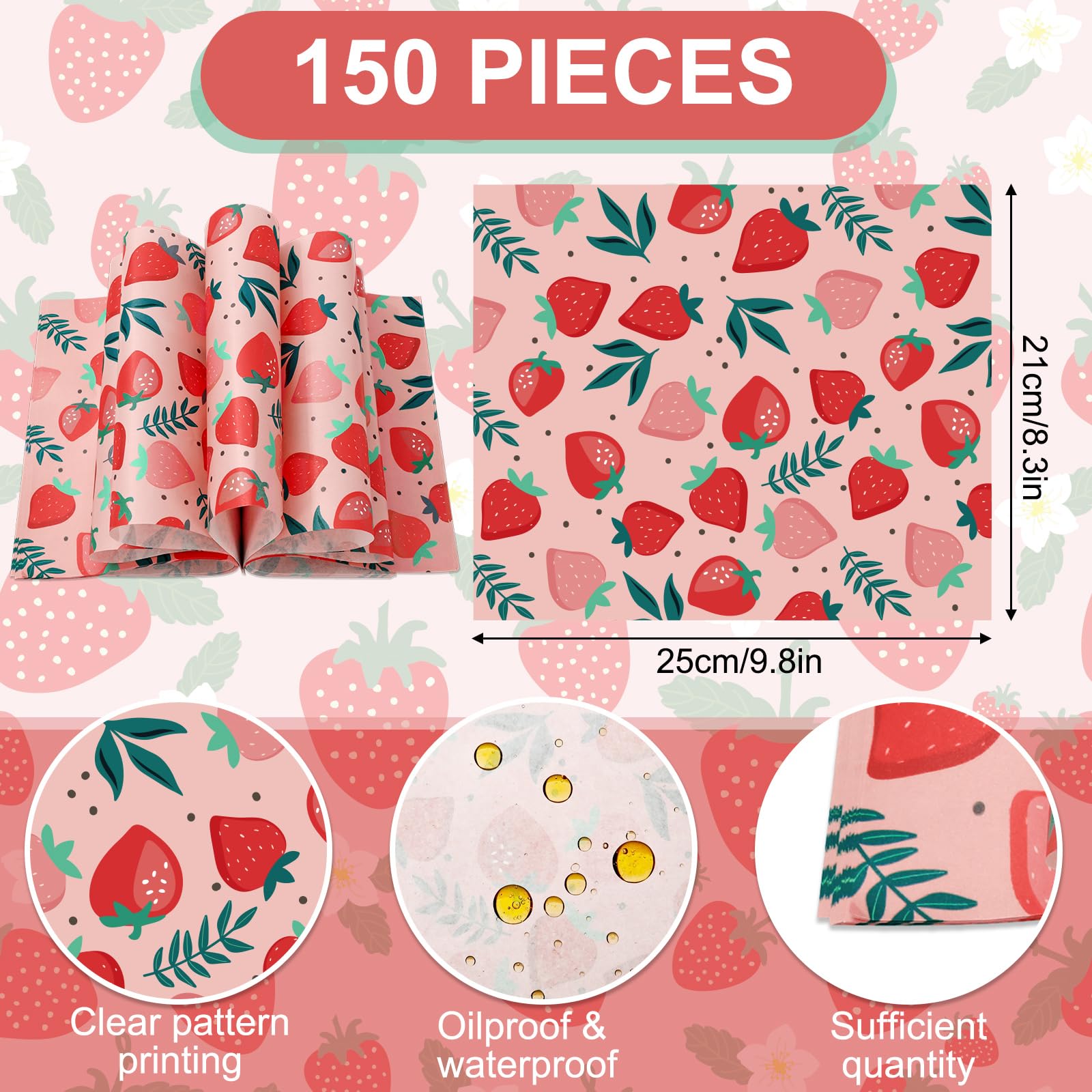 150 Sheets Strawberry Pattern Deli Paper – 9.8x8.3 Inch, Grease-Resistant, Pink Plaid Food Wrap For Sandwiches & Decor