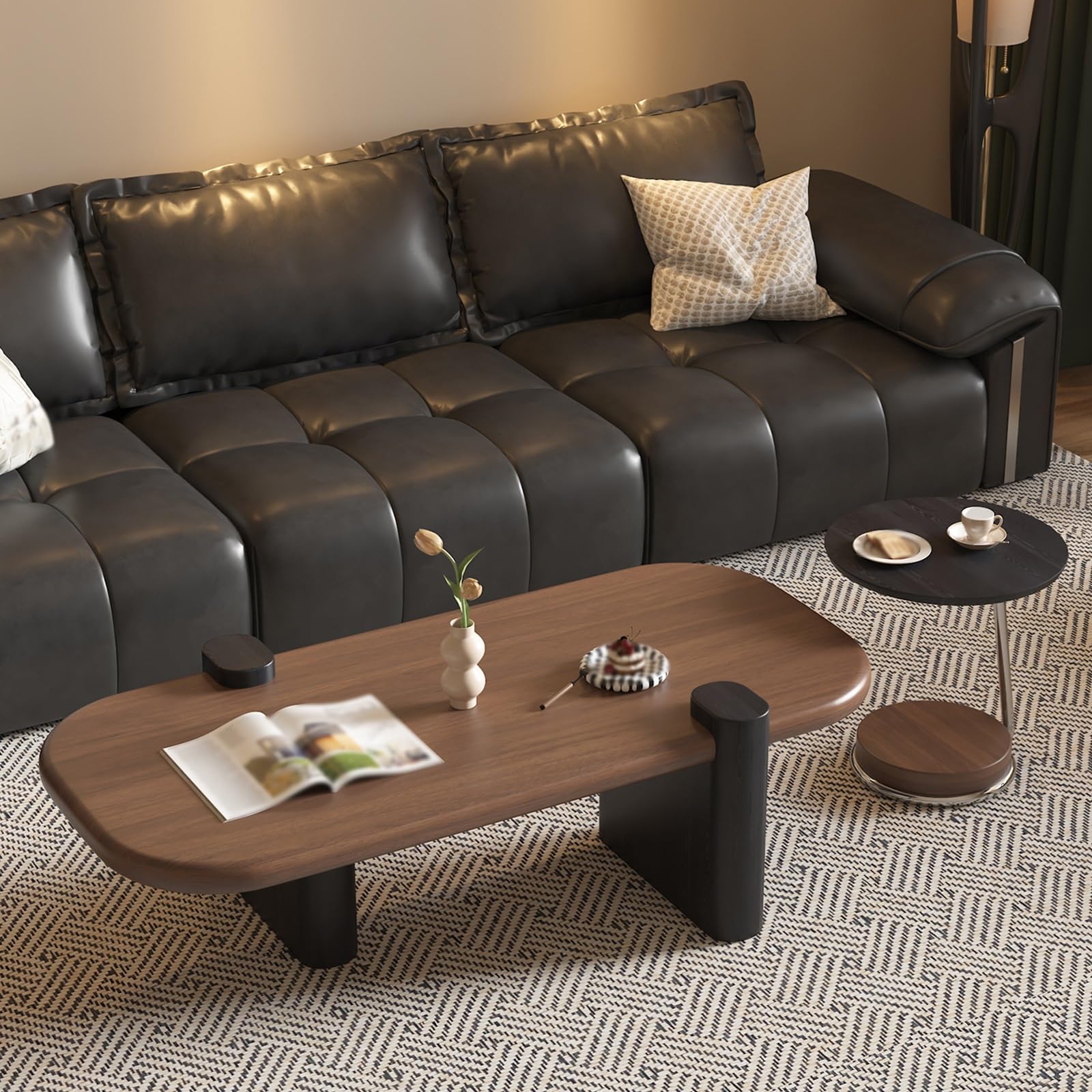 Stolik Kawowy Owalny Styl Vintage Drewno Sosnowe Stół do Salonu Szeroki Blat Zaokrąglone Rogi Wygodna Wysokość Stolik Pomocniczy do Salonu, Biura(Black,100x55x45cm)