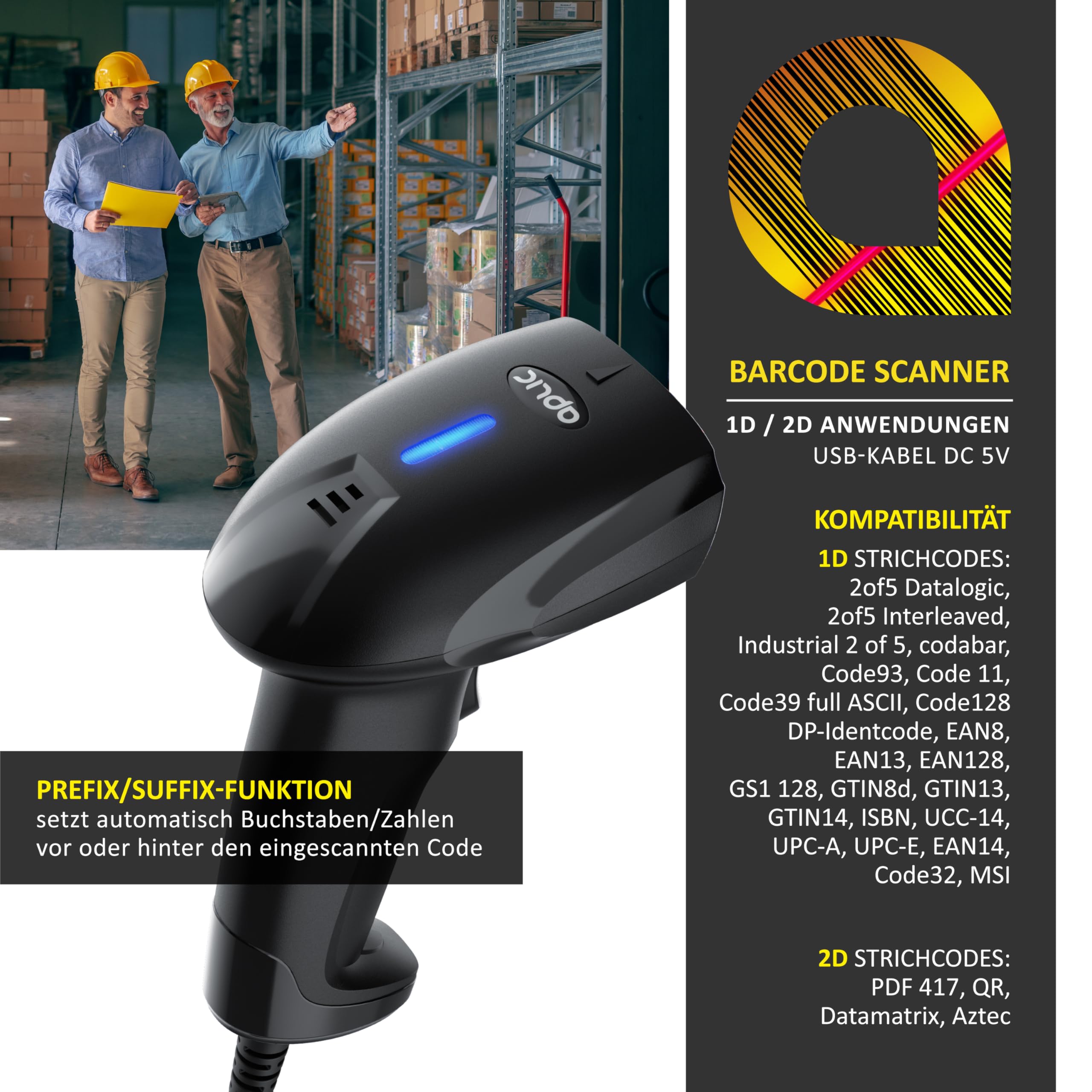 CSL - Barcode Scanner 2D 1D – kabelgebunden – manuelles kontinuierliches und automatisches Scannen – Bildschirm scannen – Verschiedene Terminatoren – hohe Auflösung – hoher Lesekontrast