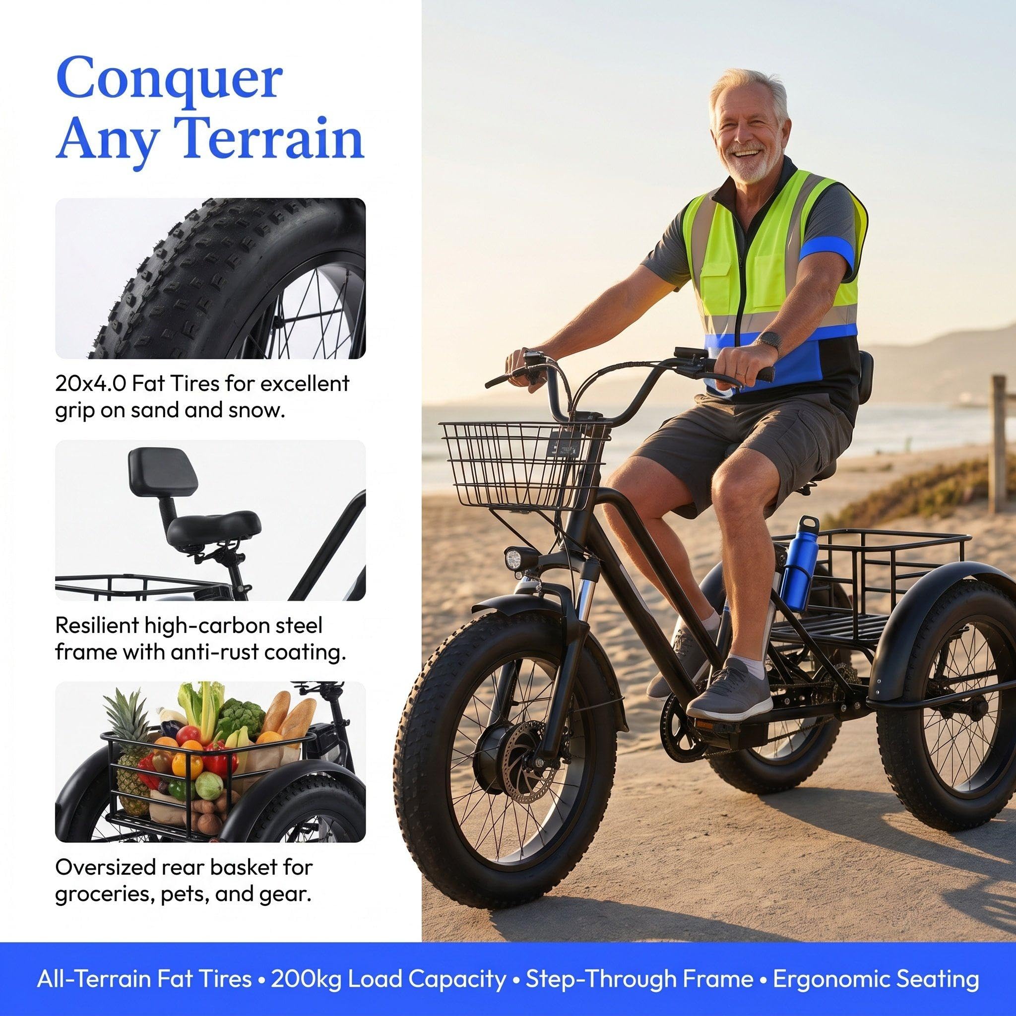 Tricycle électrique Adulte 20" - Charge Maximale 200 Kg, Grand Panier, Vélo électrique Tout-Terrain, 48 V/12 Ah, Autonomie 45 Km, Idéal Pour Les Trajets Domicile-Travail Et Les Courts Voyages.