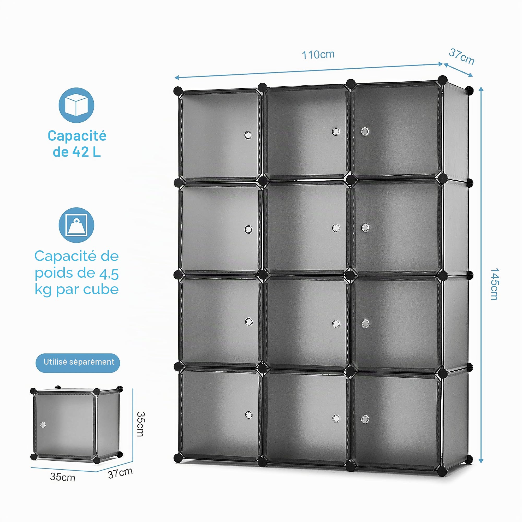 Mondeer Armoire Penderie Portable, Étagère de Rangement, Cubes de Stockage Modulaire en Plastique en métal Stable, Jouets (Translucent Gris, 12 Cubes)