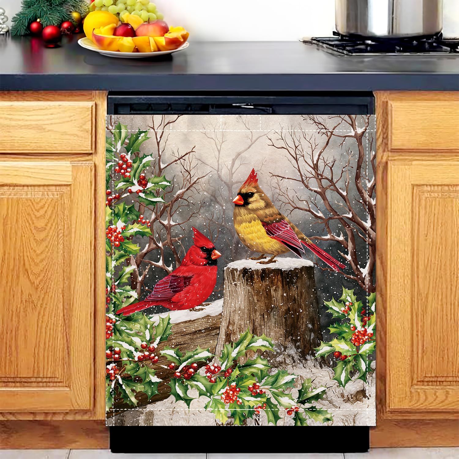 Christmas Cardinals Dishwasher Magnet Cover, 23x26In Winter Birds Dishwasher Magnet Sticker for Holiday Decoration Funny Dish Washer Magnetic Cover Kitchen Fridge Panel Decal