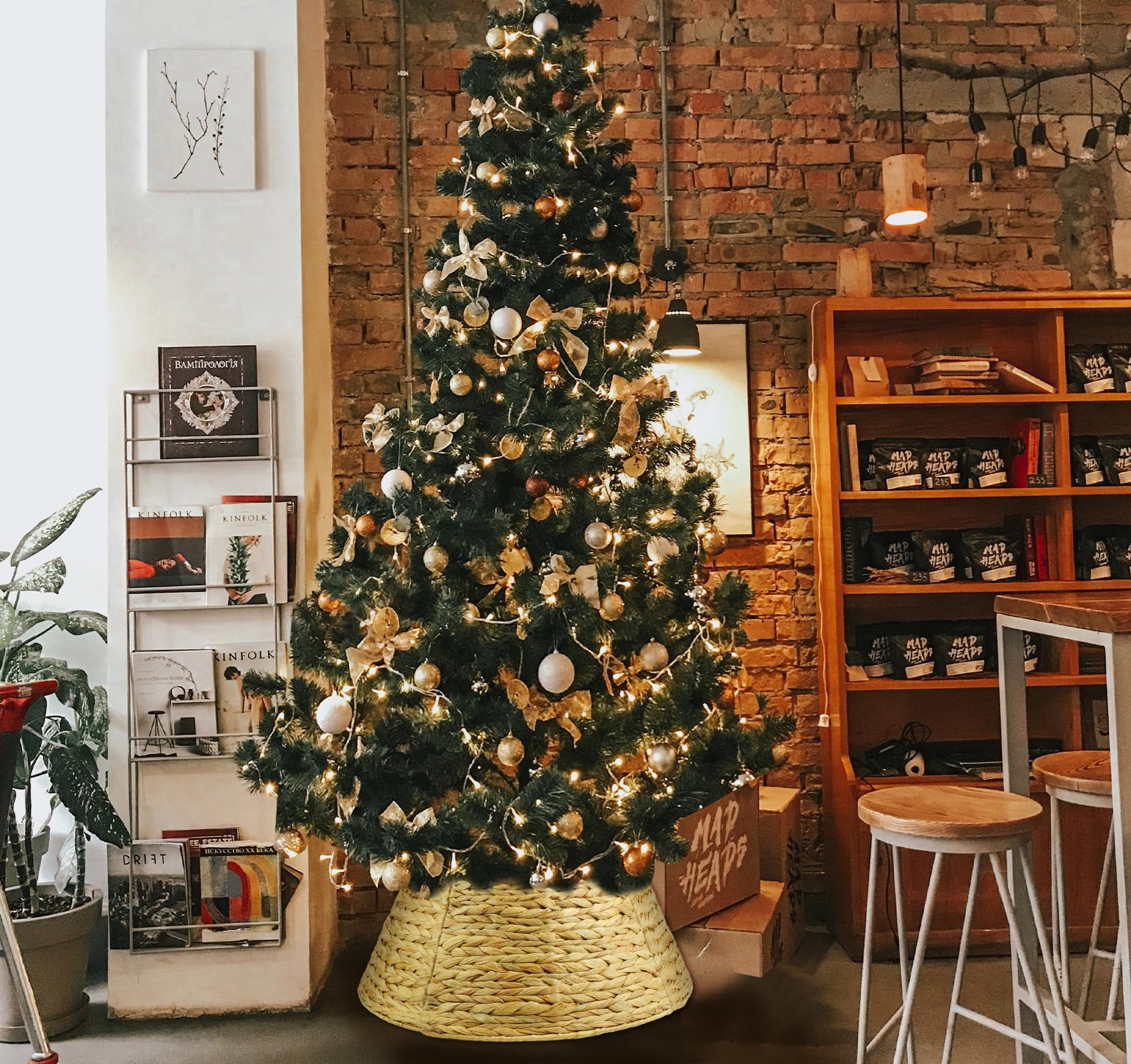 Rattan Weihnachtsbaumrock Ø 60 cm, 4 Teile Abdeckung für den Christbaum Ständer Abnehmbar, Weihnachtsbaum Kragen Tannenbaum Rock, Abdeckung für Christbaumständer Korb