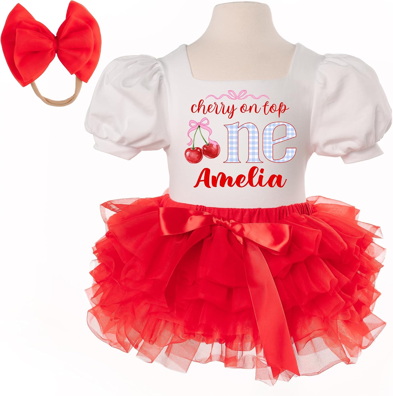 Cherry First Birthday Outfit Girl Personalized cherry On Top Dress One Baby Bodysuit with Red Tutu & Headband Custom Cake Smash birthday outfit