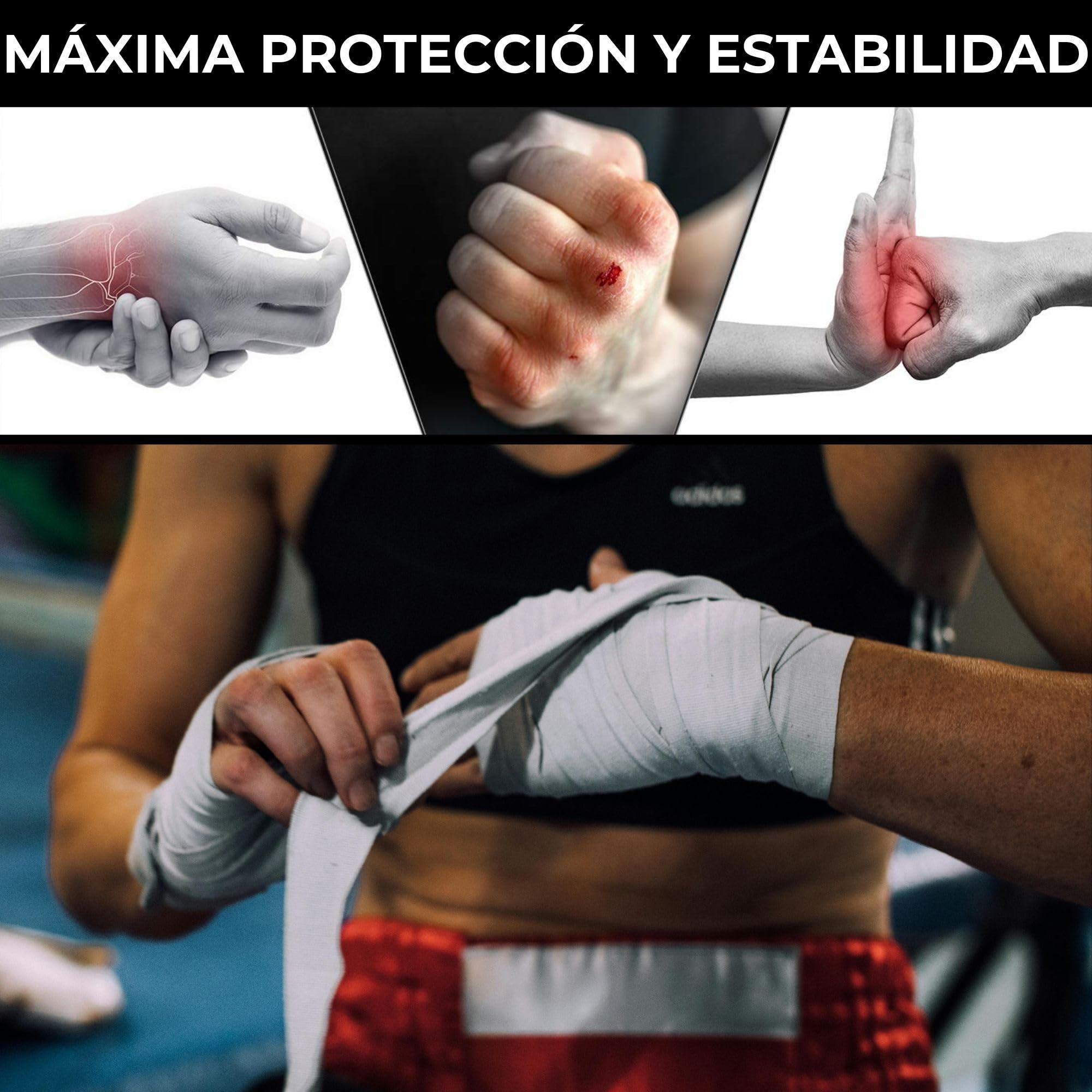 Vendas Boxeo 5 Metros Semi elásticas y con Presilla para el Pulgar. Vendas Boxeo Hombre y Mujer (Kick Boxing, Muay Thai, MMA, Artes Marciales, fitboxing). Cintas Boxeo Transpirables