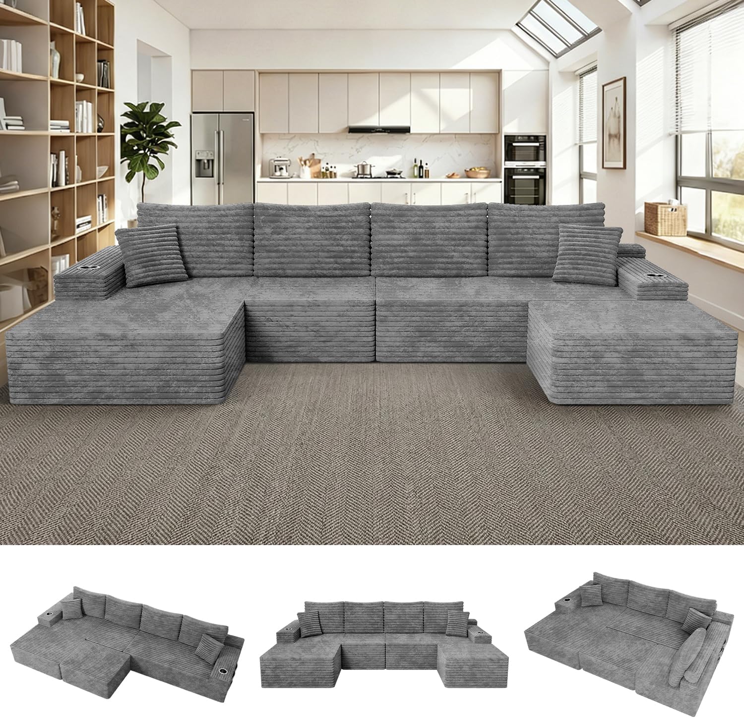 138" Cloud Modular Sectional Couch with Ottoman, Extra Large U Shaped Sofa Bed, High 17.7" Seat Height, 32D Pure Foam, Modular Seating for Living Room, No Assembly (Light Gray, Left Facing Chaise)