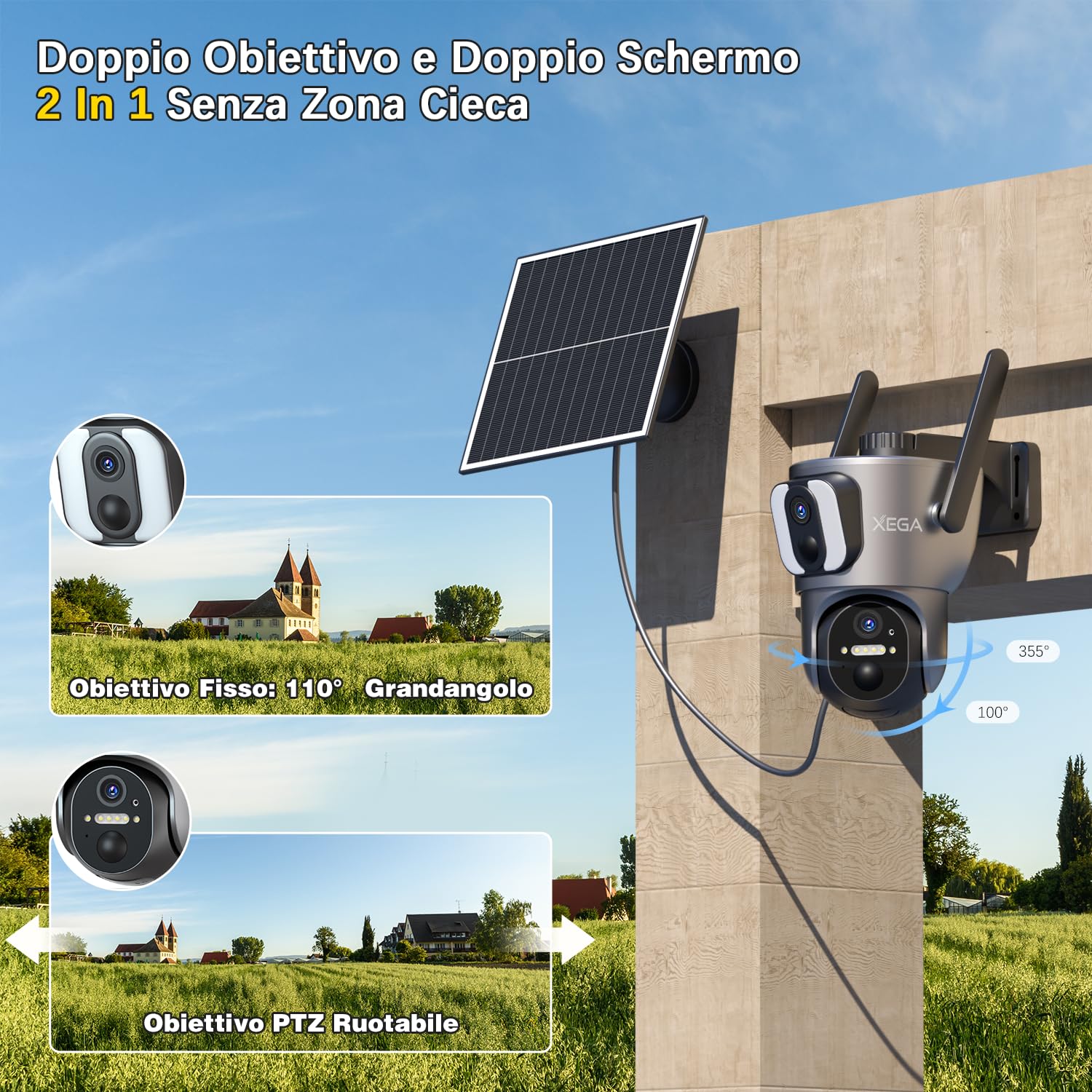 Xega 4G SIM Telecamera Esterno con Pannello Solare【Doppio Obiettivo】 14400mAh 2K HD PTZ Telecamere Senza Fili con Scheda SIM, Rilevamento Umano, Visione Notturna, Rotazione 355°/100°, TF/Cloud XG-08