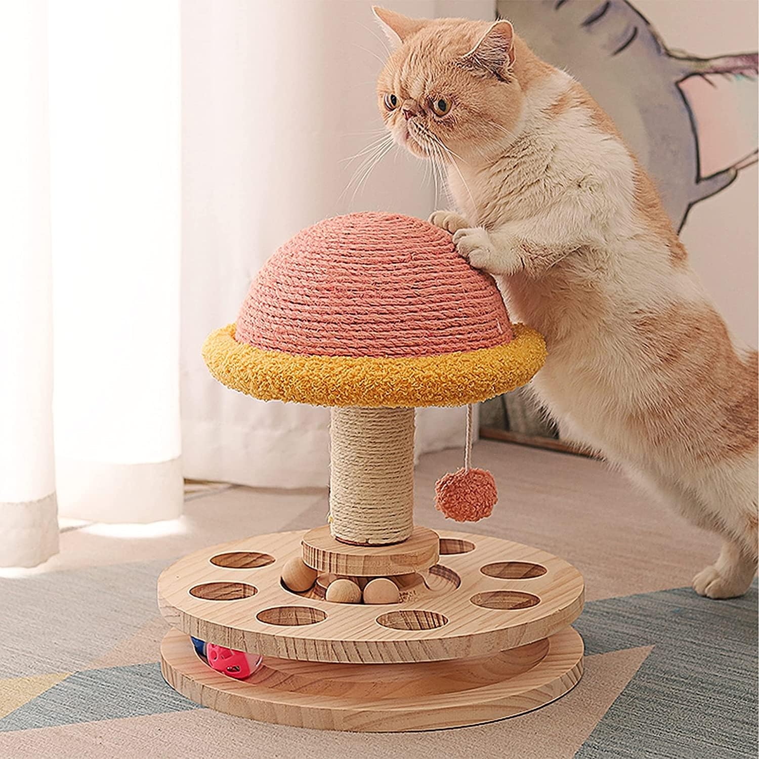 Wooden Cat Scratcher Post – Interactive Cat Towers with Sisal, Toys, Perches & Tracks – Multiple Designs for Indoor Cats & Kittens (1, Mushroom Design) — image 1