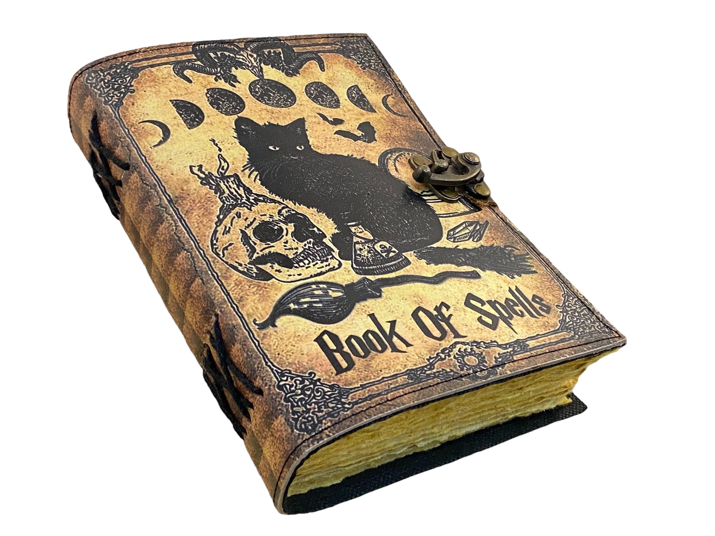 Blanko-Buch der Schatten Grimoire Tagebuch Magische Katze gedruckt Hexerei Supplies Hexe Wicca Notizbuch Handgemachtes Vintage Büttenpapier Leder Skizzenbuch, tolle Geschenke 17,8 x