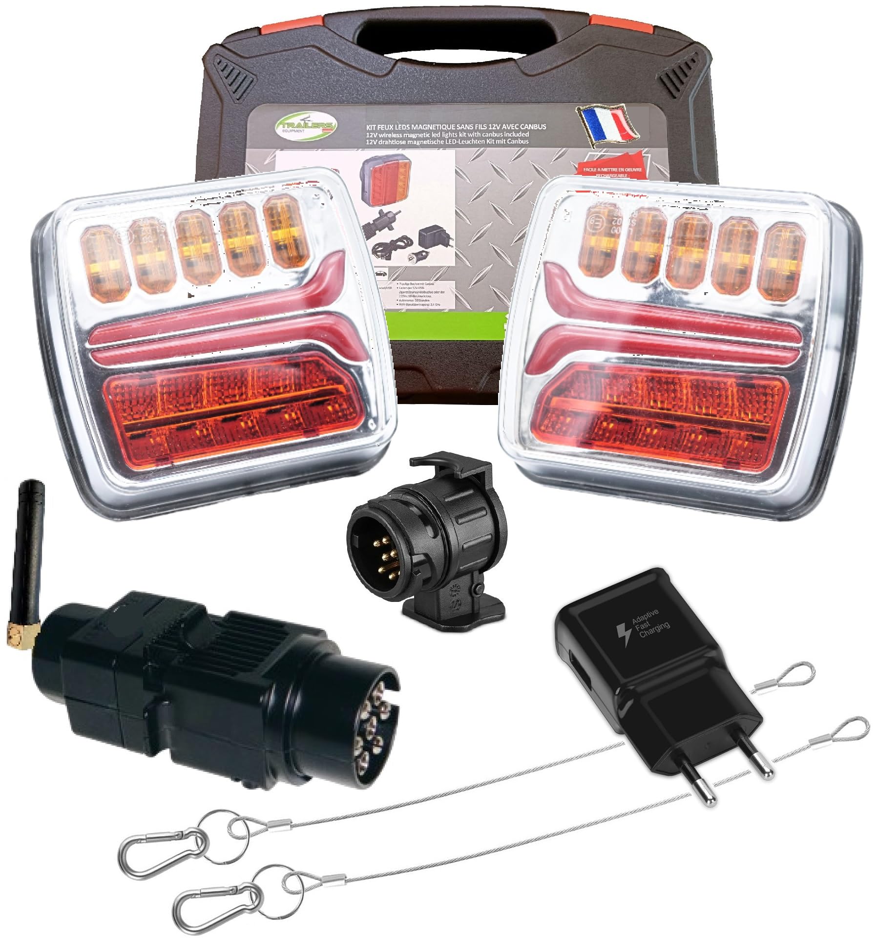 Plaque feu remorque sans fil, kit éclairage arrière led wifi, 12/24 Volts, Fixations Magnétique, chargeur 220V