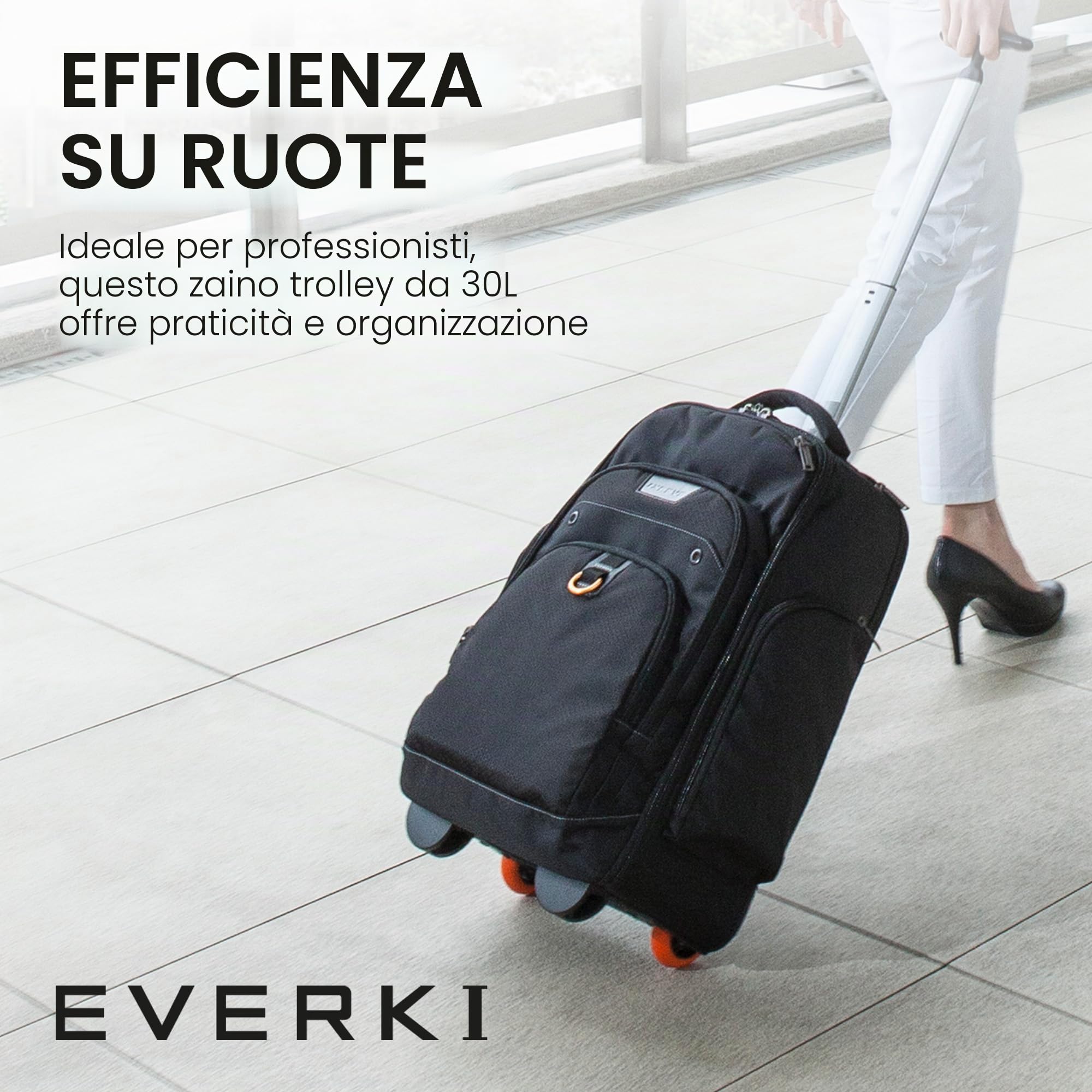 Everki Atlas Wheeled Zaino Trolley 30 L per Laptop – Bagaglio a Mano per Donna e Uomo – Scomparto Regolabile per 13"–17,3" – Nero (EKP122)
