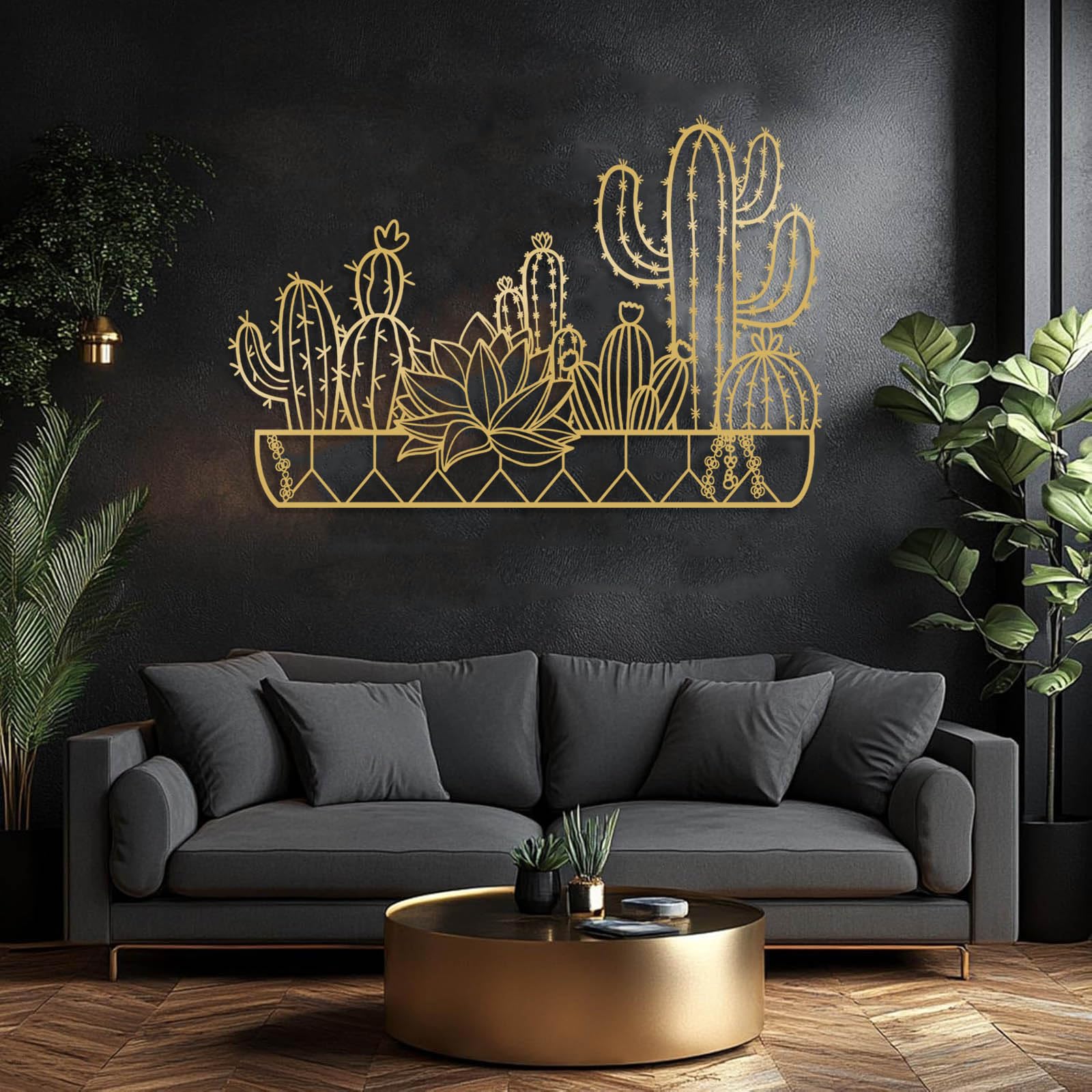 Decoración de Pared de Metal Minimalista Moderna con Cactus, Paisaje desértico, Estilo Bohemio del suroeste, Naturaleza para Colgar en la Sala de Estar (Dorado, 90 x 60 cm).