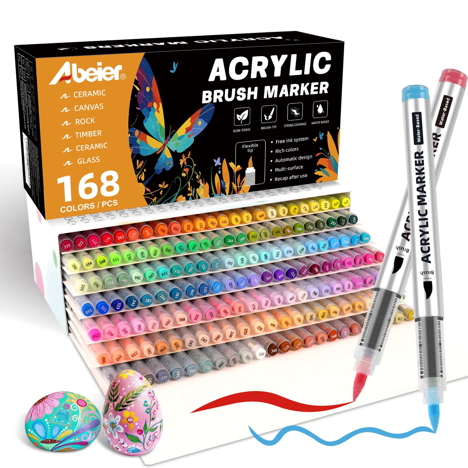 ABEIER 168 Farben Acrylstifte Set für Steine Wasserfest Brush Tip Acrylic Pens Set, Acrylmarker Schnelltrocknend und Ungiftig, Acrylstifte zum Bemalen für Stoff, Leinwand, Glas, Holz und Papier