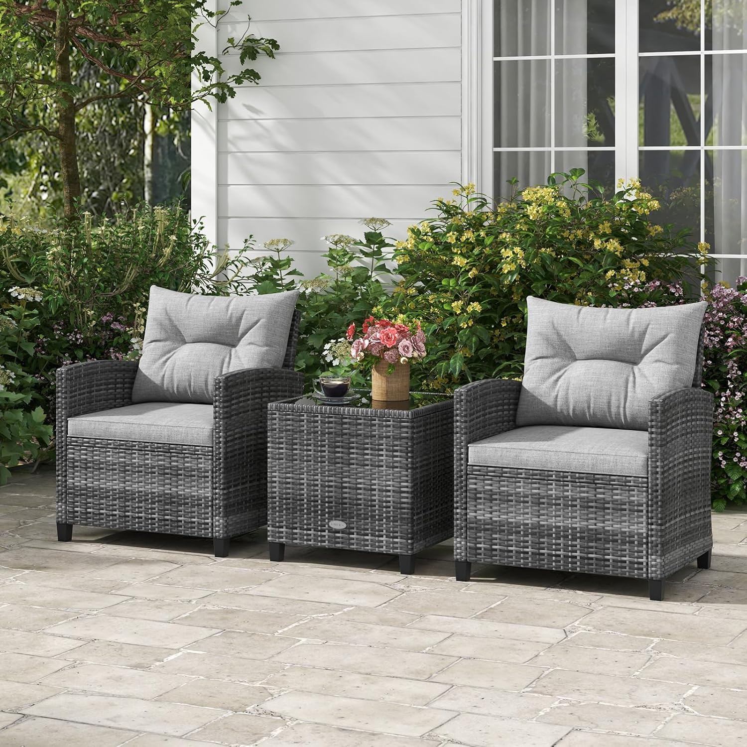 ORALNER Patio Furniture Set, 3 Pieces Outdoor Wicker Conversation Set, Rattan Chairs with Soft Cushions, Glass Coffee Table, Patio Bistro Set for Balcony Garden Deck Front Porch Poolside (Gray)