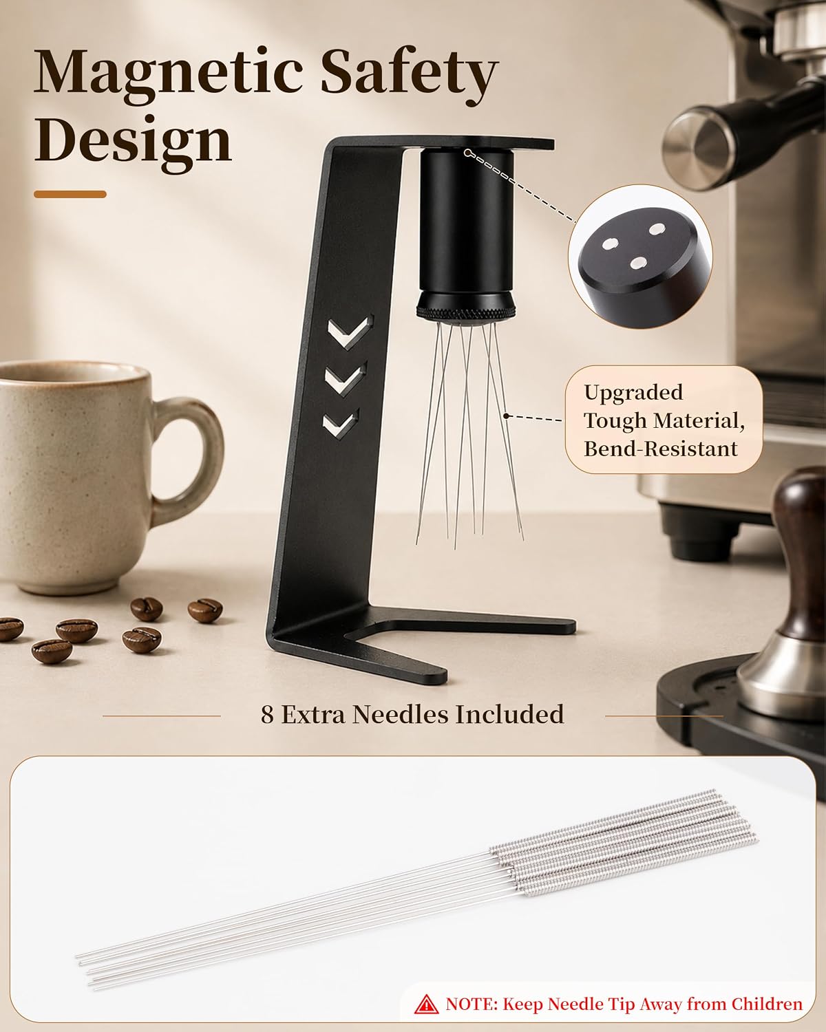 Upgraded WDT Tool Espresso Distribution with Magnetic Stand and Backplate, 0.35mm 8-Needle Espresso Coffee Stirrer for 51mm 54mm 58mm Portafilters, Aluminum Alloy Handle with 8 Replacement Needles image 3