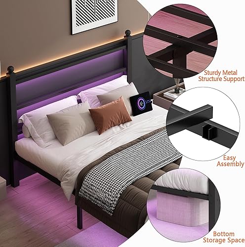 Miniatura 7 de Base de cama tamaño queen con cabecera y estribo, soporte de listones de acero - Base de cama LED con estación de carga USB, base de colchón -