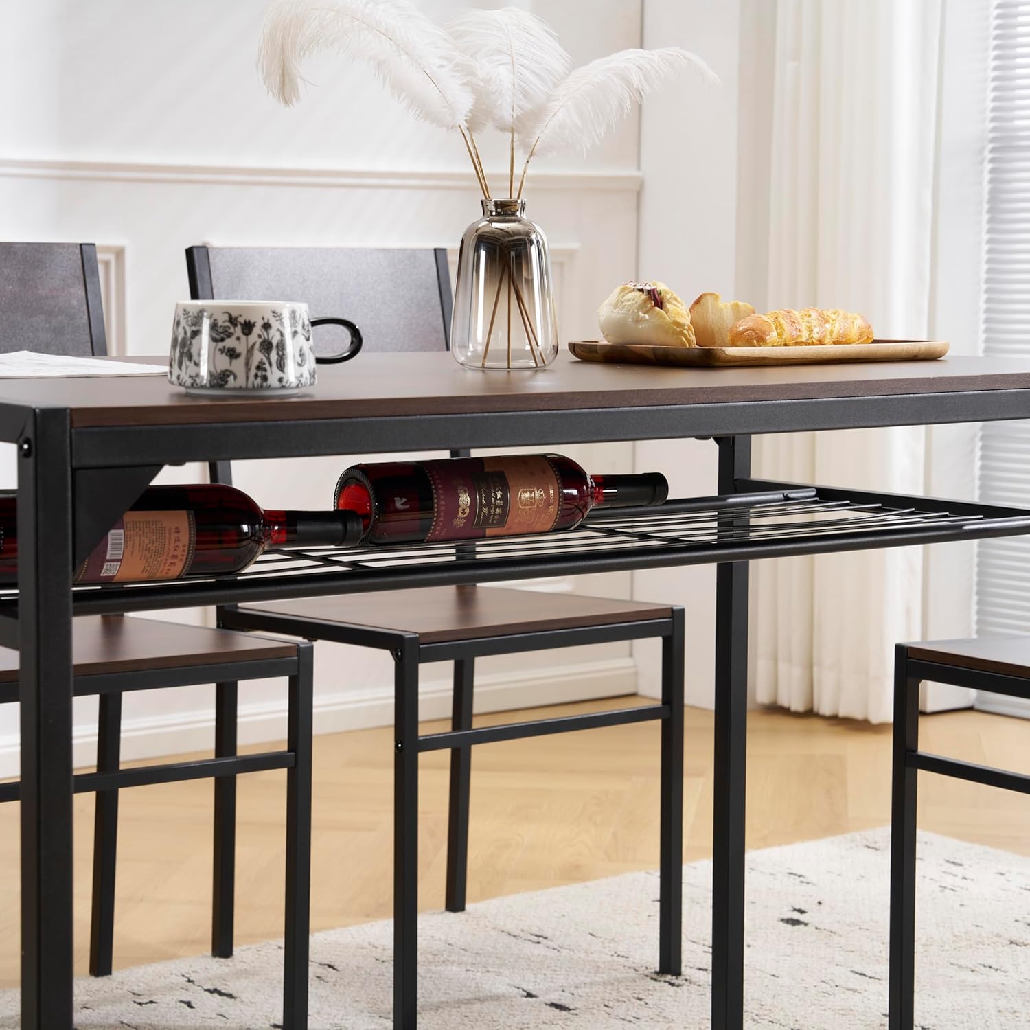 OSJ ダイニングテーブルセット 4人用 食卓 椅子 5点セット ダイニングセット4人掛け チェア 4脚 木目調 コンパクト (ブラ