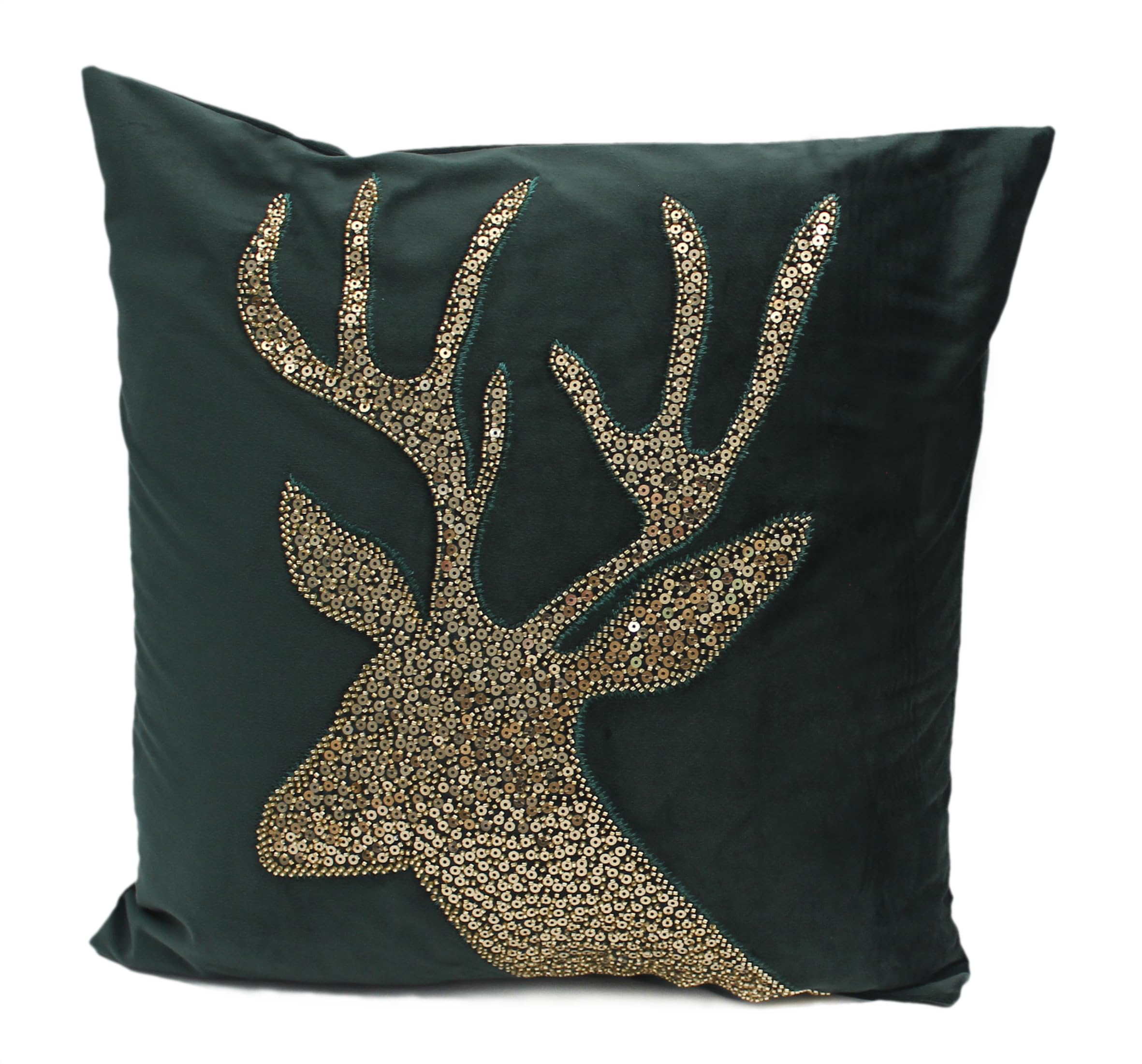 Peggy Wilkins Textiles Sparkly Stag Beaded Christmas Cushion - 45cm x 45cm (Green/Gold)