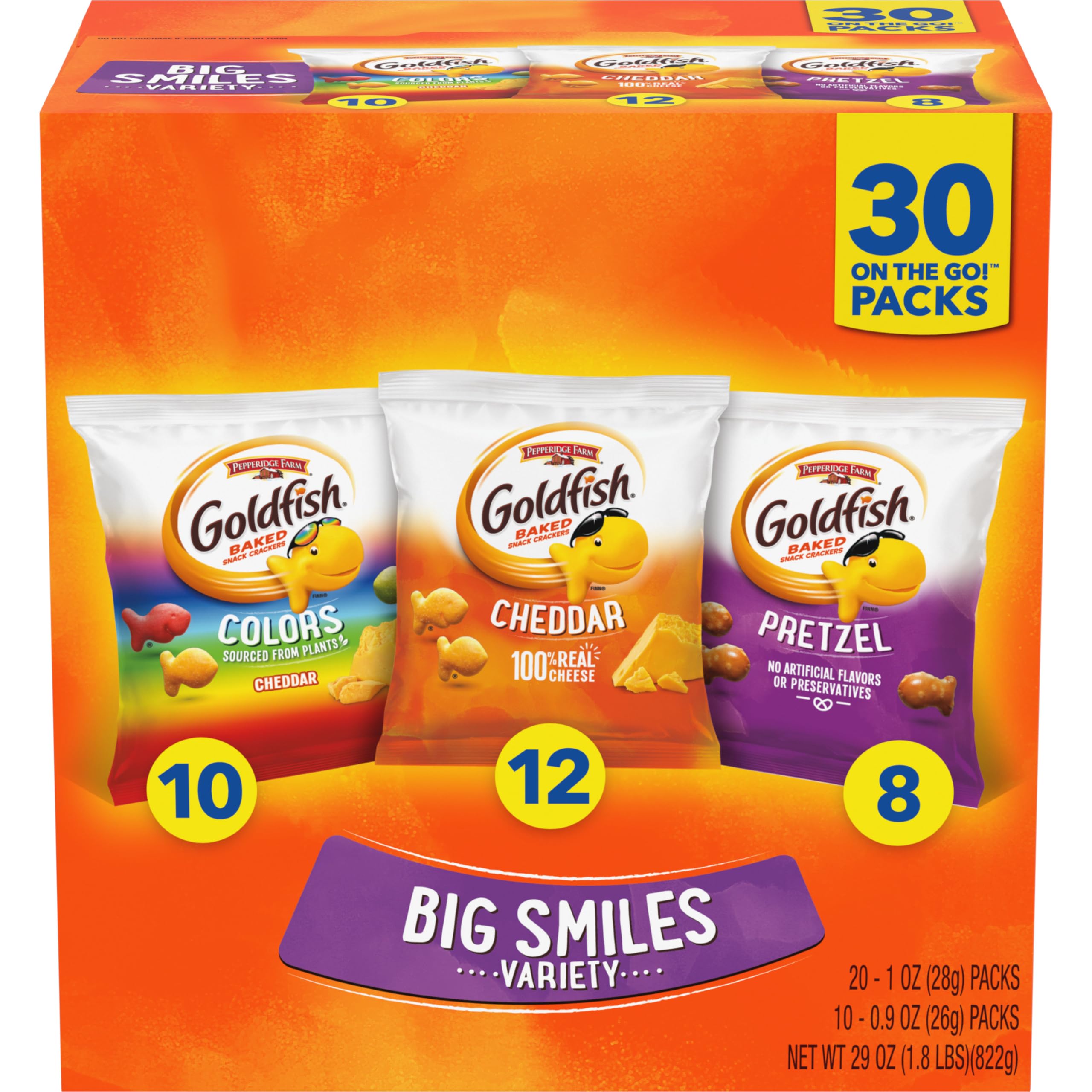 Goldfish ers Big Smiles Variety Pack with Cheddar, Colors, and Pretzels, Snack Packs, 30 Ct