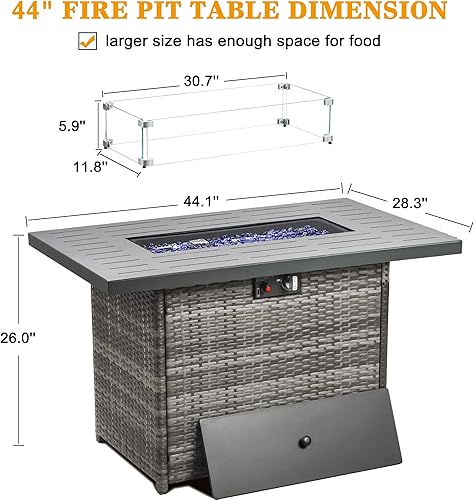 Miniatura 6 de LayinSun Mesa para fogata de gas propano de 44 pulgadas, 55000 BTU rectangular con protector de viento de vidrio para patio exterior, terraza,