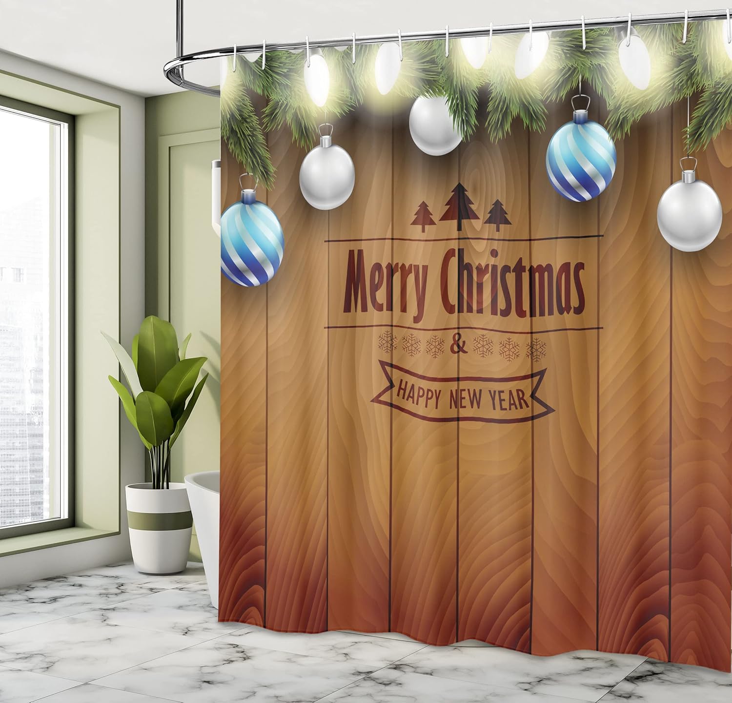Ambesonne Christmas Shower Curtain, Wooden Setting with Grey Balls Setting and Pine Tree Twigs Wishes Theme, Cloth Fabric Bathroom Decor Set with Hooks, 69" W X 70" L, Camel Brown