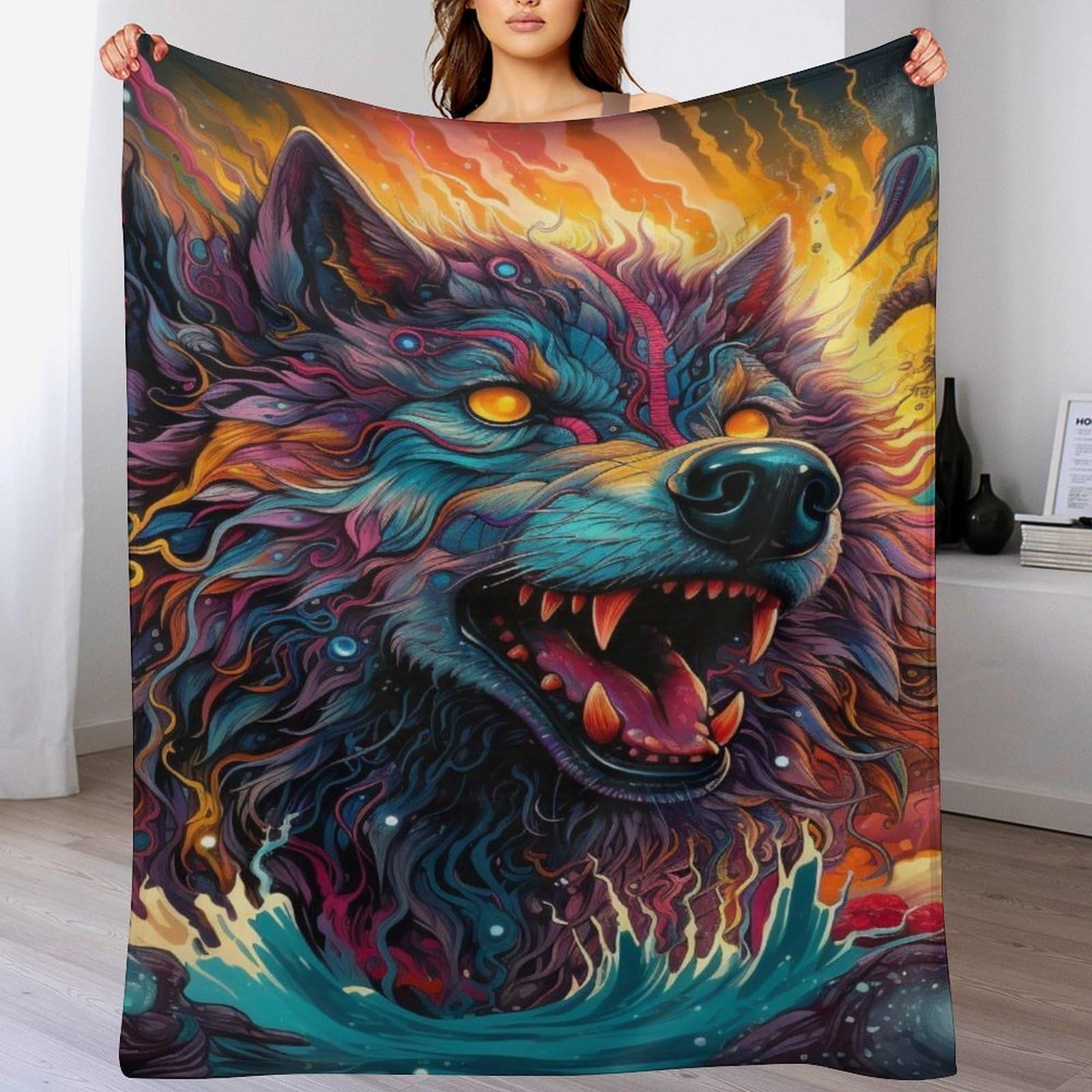 Couverture loup en flanelle douce et lavable de 100x130 cm pour lit