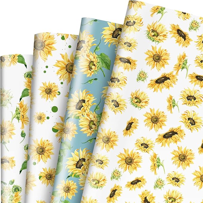 Whaline 12 Sheet Sunflower Wrapping Paper 4 Designs Vintage