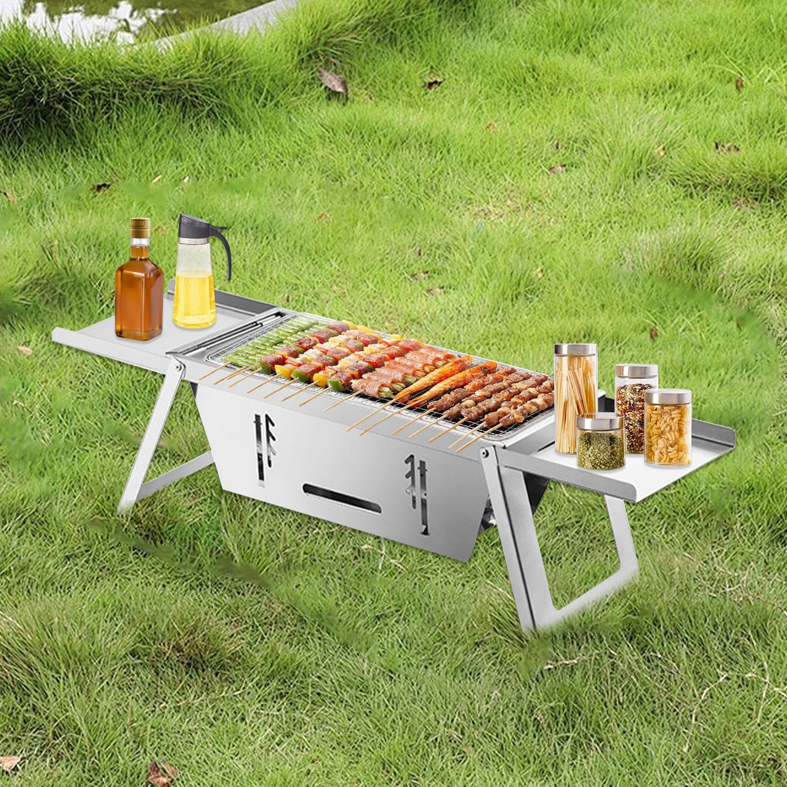 Składany Grill BBQ,Grill Węglowy Na Kemping | Stalowa Ruszta Przenośna Oszczędzająca Miejsce na Kemping Piknik Plażę Kampery Ogród