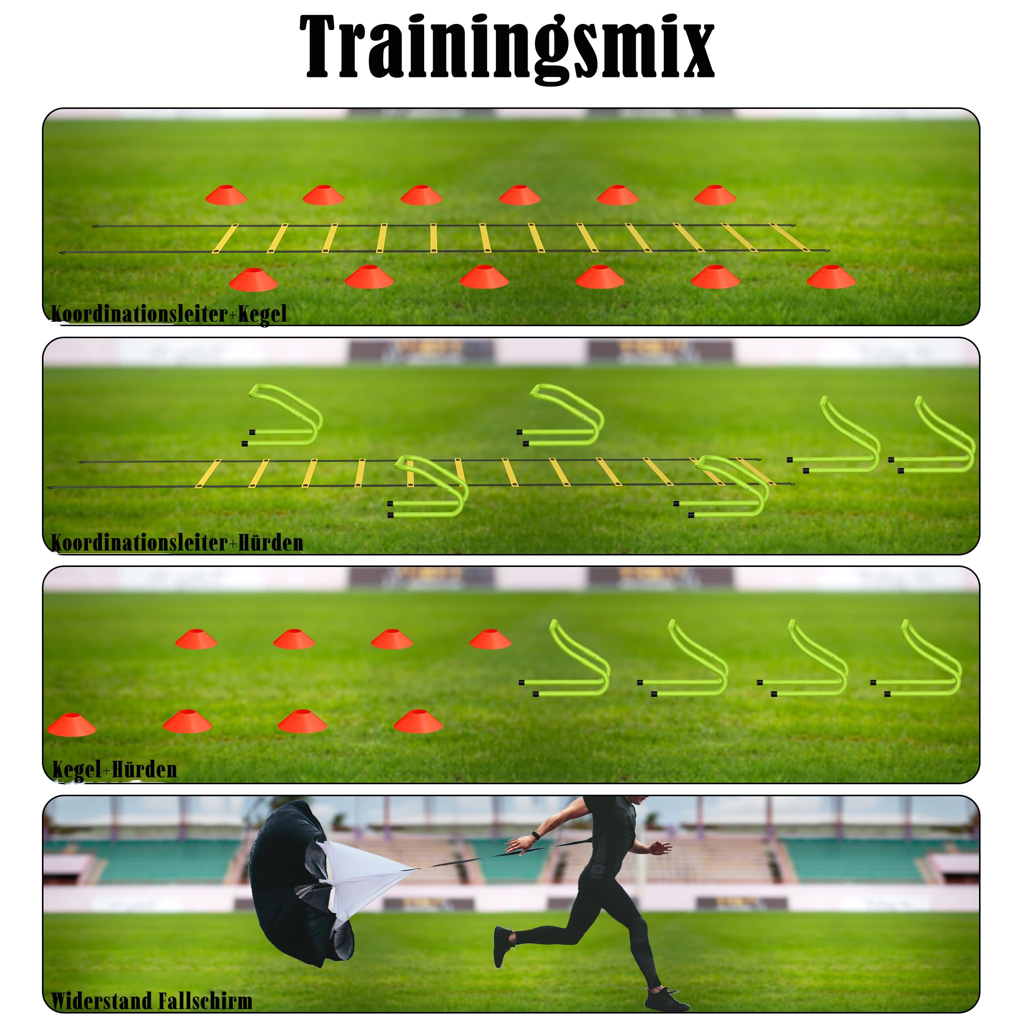 FIVMEN Accessori per allenamento calcio, con scala di coordinazione, 6 ostacoli regolabili, 12 fette coni, resistenza paracadute e custodia, set di allenamento per la velocità
