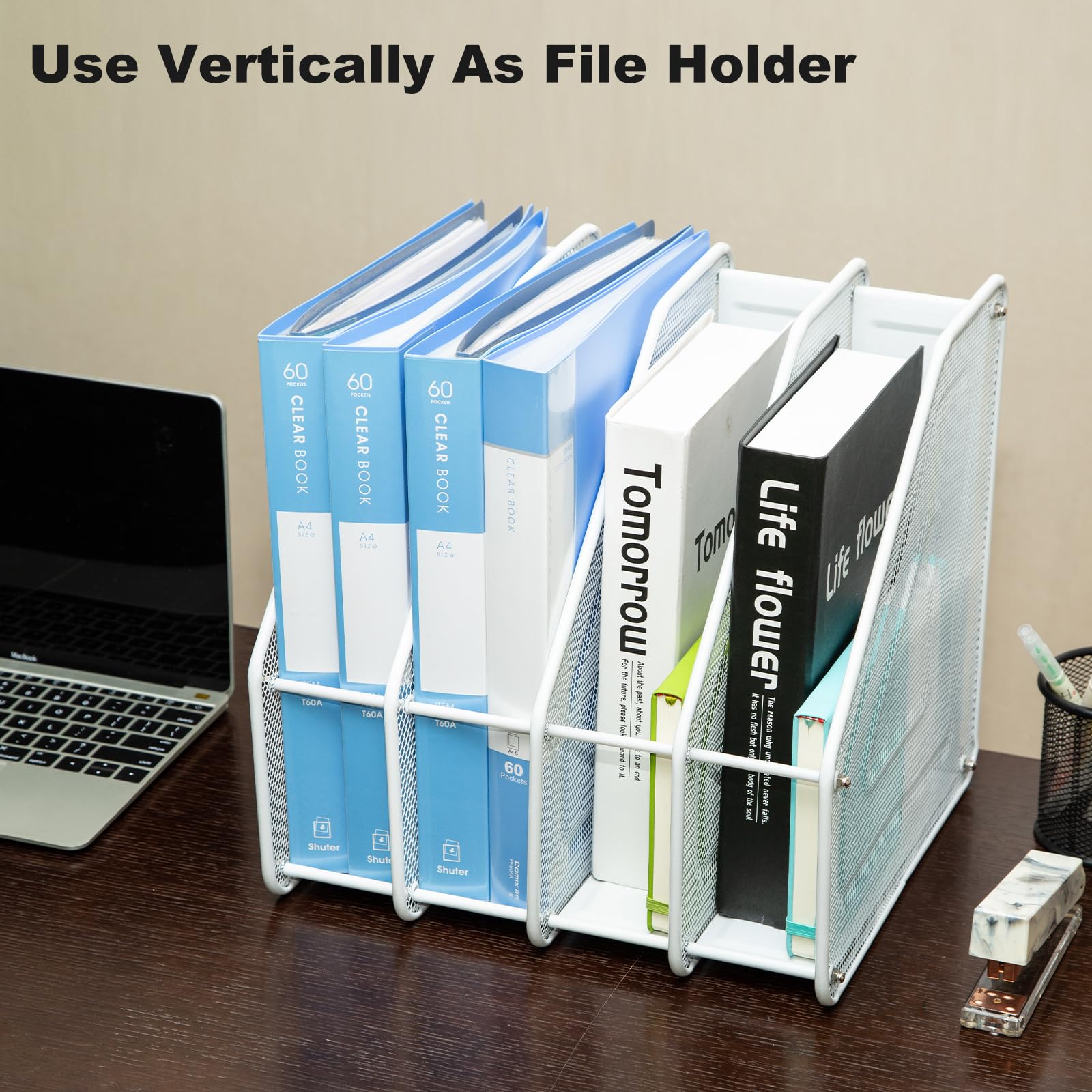 Cliselda Métal Porte-revues de Bureau à 4 Compartiments/Vertical Range-revues Porte-Magazine A4 Banette de Rangement Bureau Organisateur de Magazine Range Document Bannette Papier, Blanc