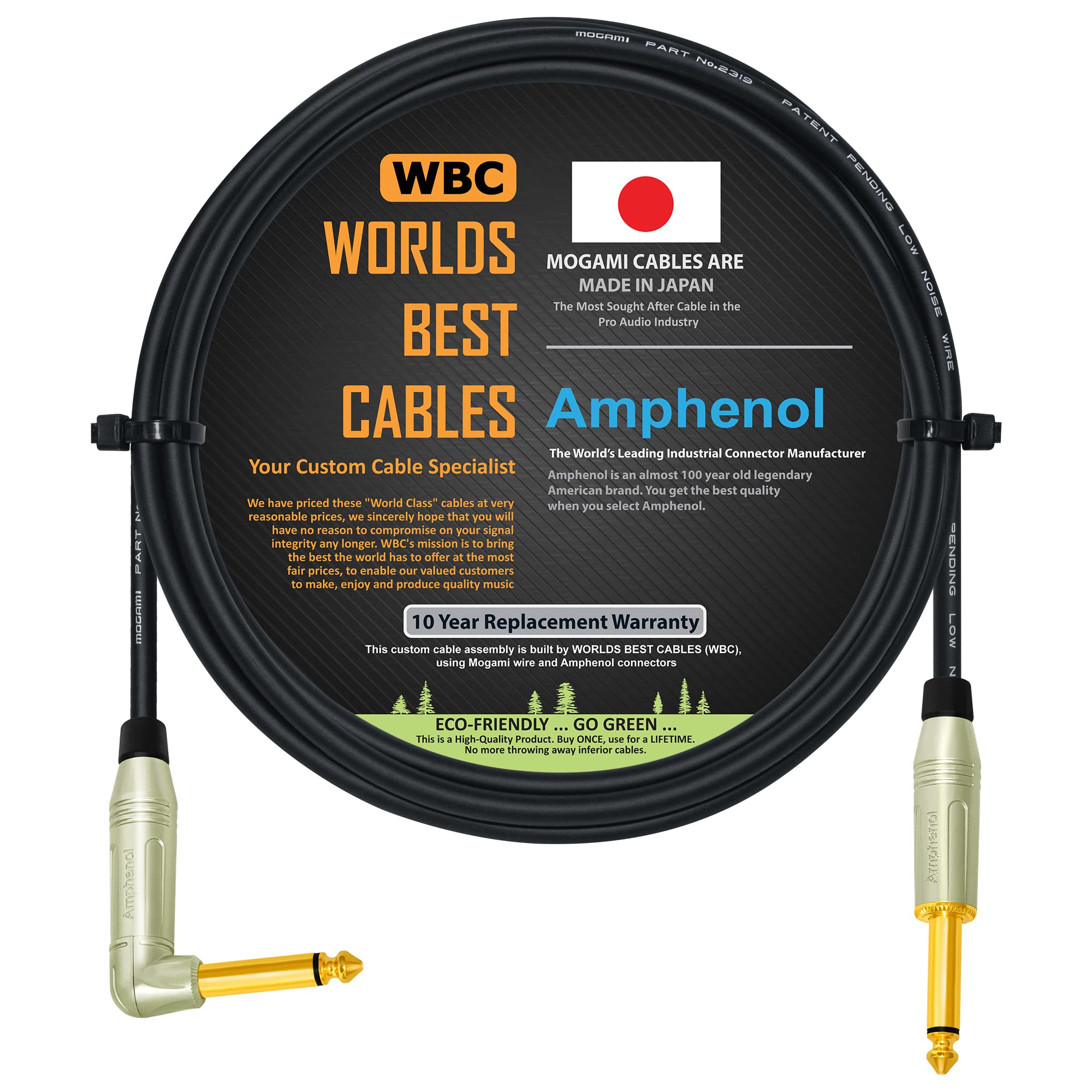 WORLDS BEST CABLES6 Foot – Pedal, Effects, Patch, Instrument Cable Custom Made Using Mogami 2319 Wire & Amphenol ACPM-RN-AU & ACPM-GN-AU M-Series Angled & Straight Gold TS Plugs