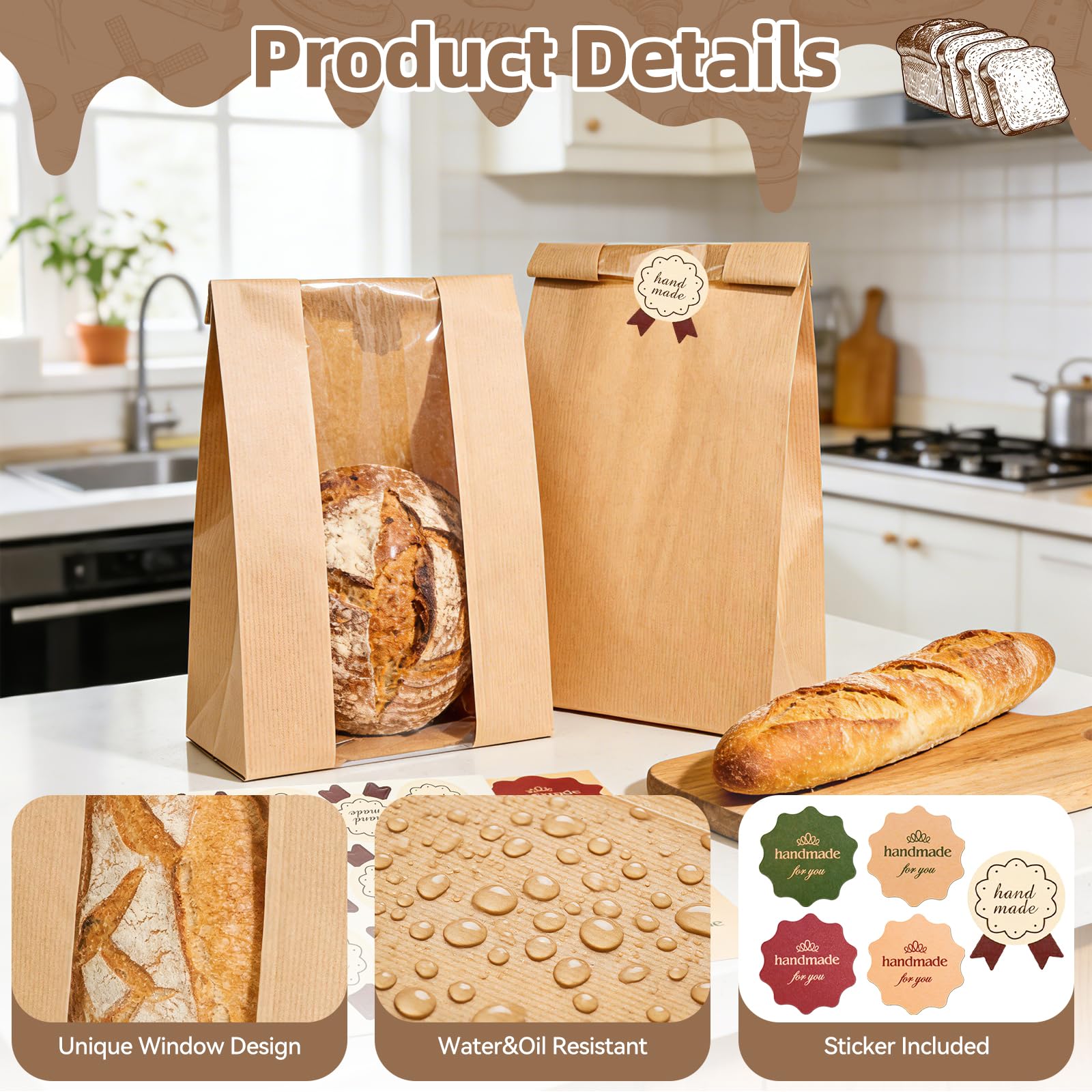 Funcoo Paquete de 100 bolsas de papel kraft para pan, embalaje de alimentos, bolsa de panadería con ventana frontal, etiqueta adhesiva incluida (14 x 8.3 x 3.5 pulgadas)