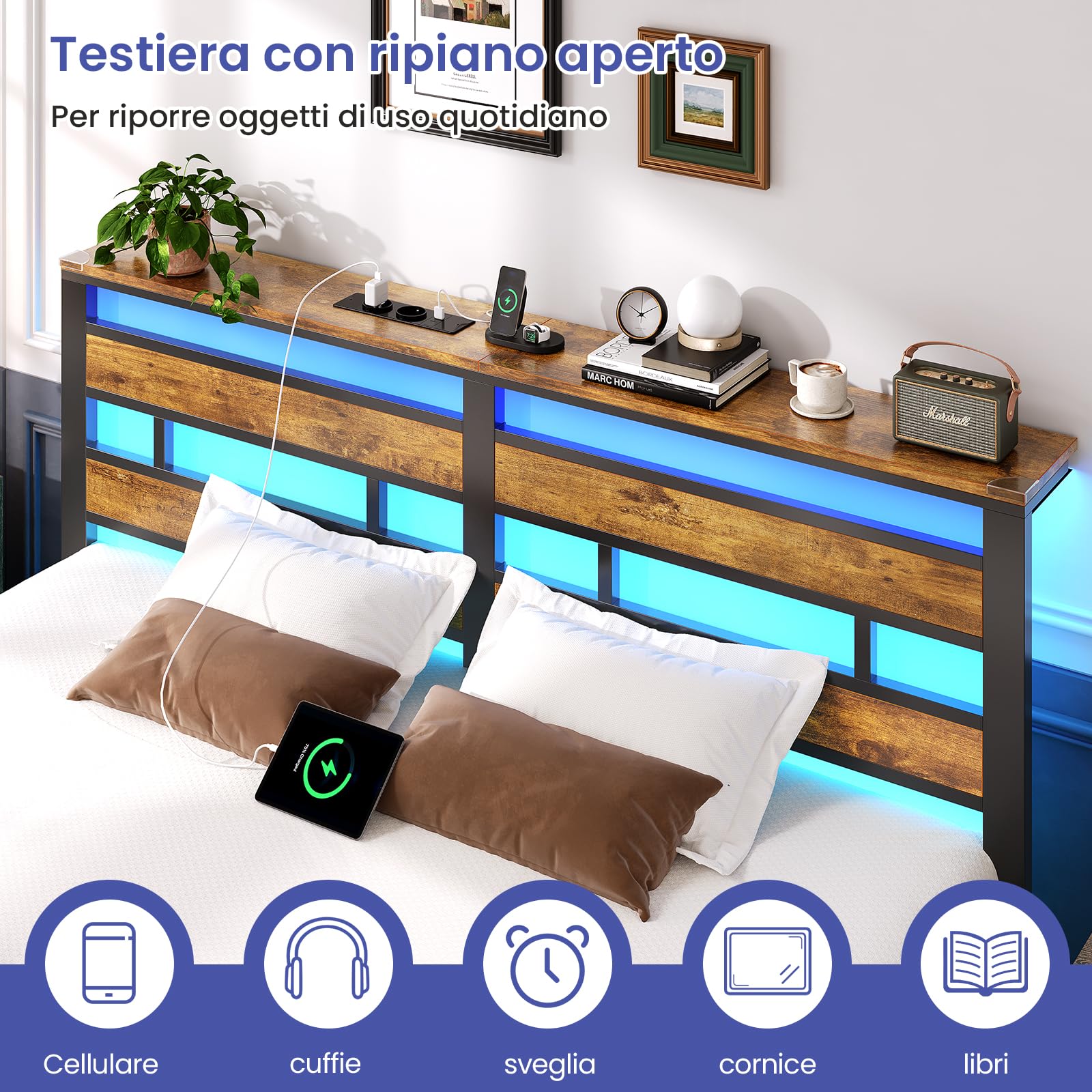 Brinlawb Letto 180x200 con base a doghe in metallo, struttura letto matrimoniale 180x200cm con illuminazione a LED e stazione di ricarica (2 prese CA, 1 porta USB e 1 porta Type-C)