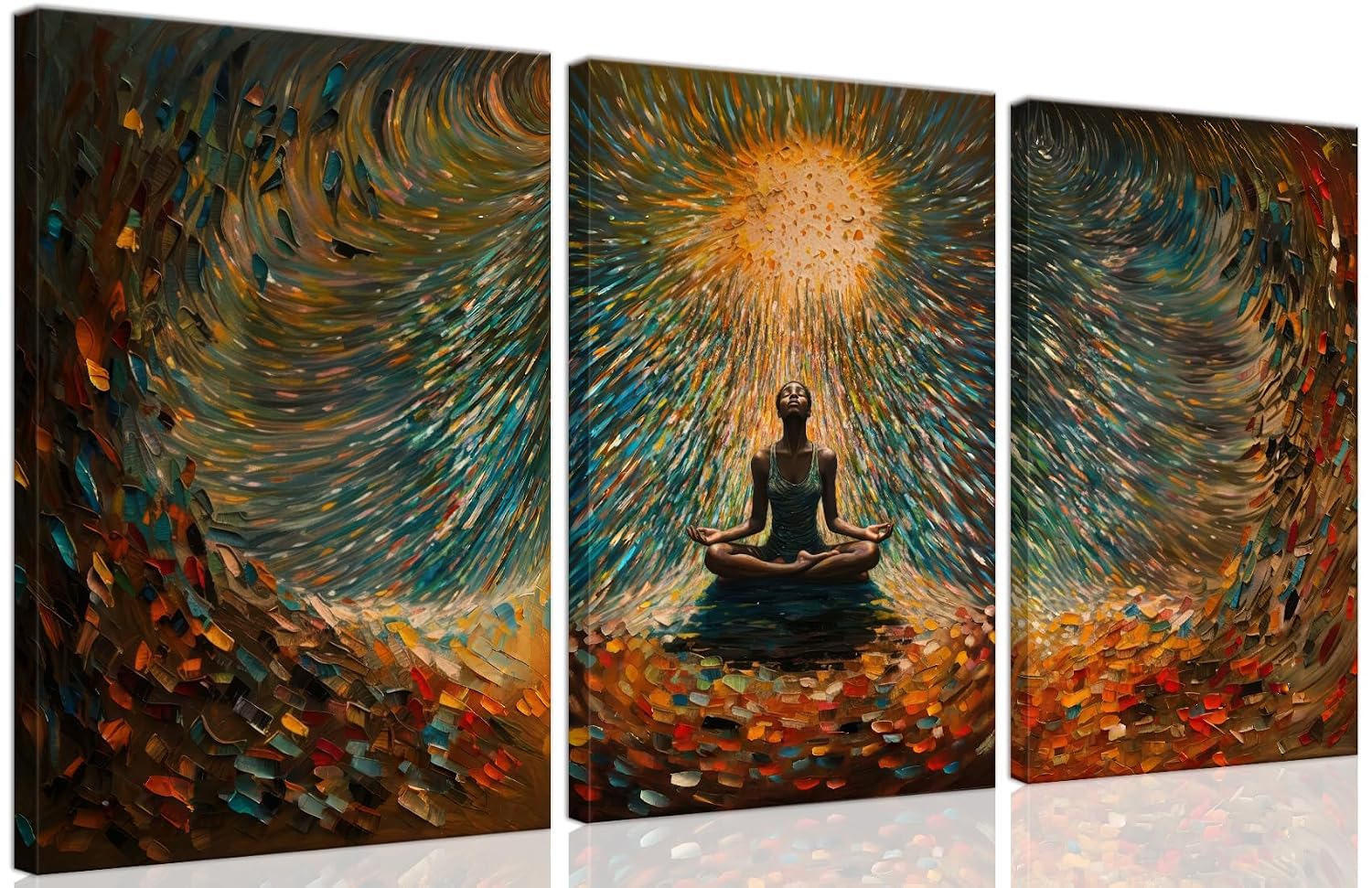Framed Abstract Yoga&Meditation Wall Art Set of 3Piece Canvas Poster Prints Painting, Vibrant Colorful Energy Flow, Tranquil Woman in Meditation for Home, Yoga Meditation...
