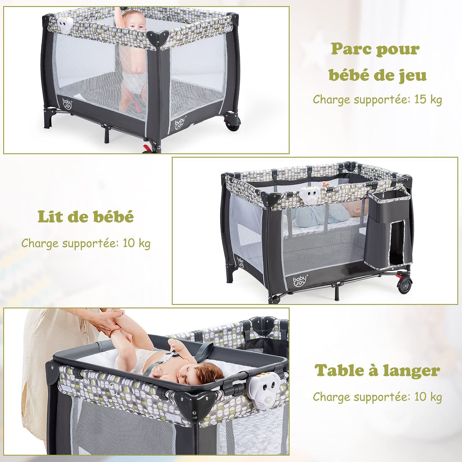 DREAMADE Lit Parapluie Bébé 3 en 1 Lit de Voyage Pliable avec Table à Langer&Auvent Mobile&2 Roues avec Frein&Porte-Couche,0-36 Mois