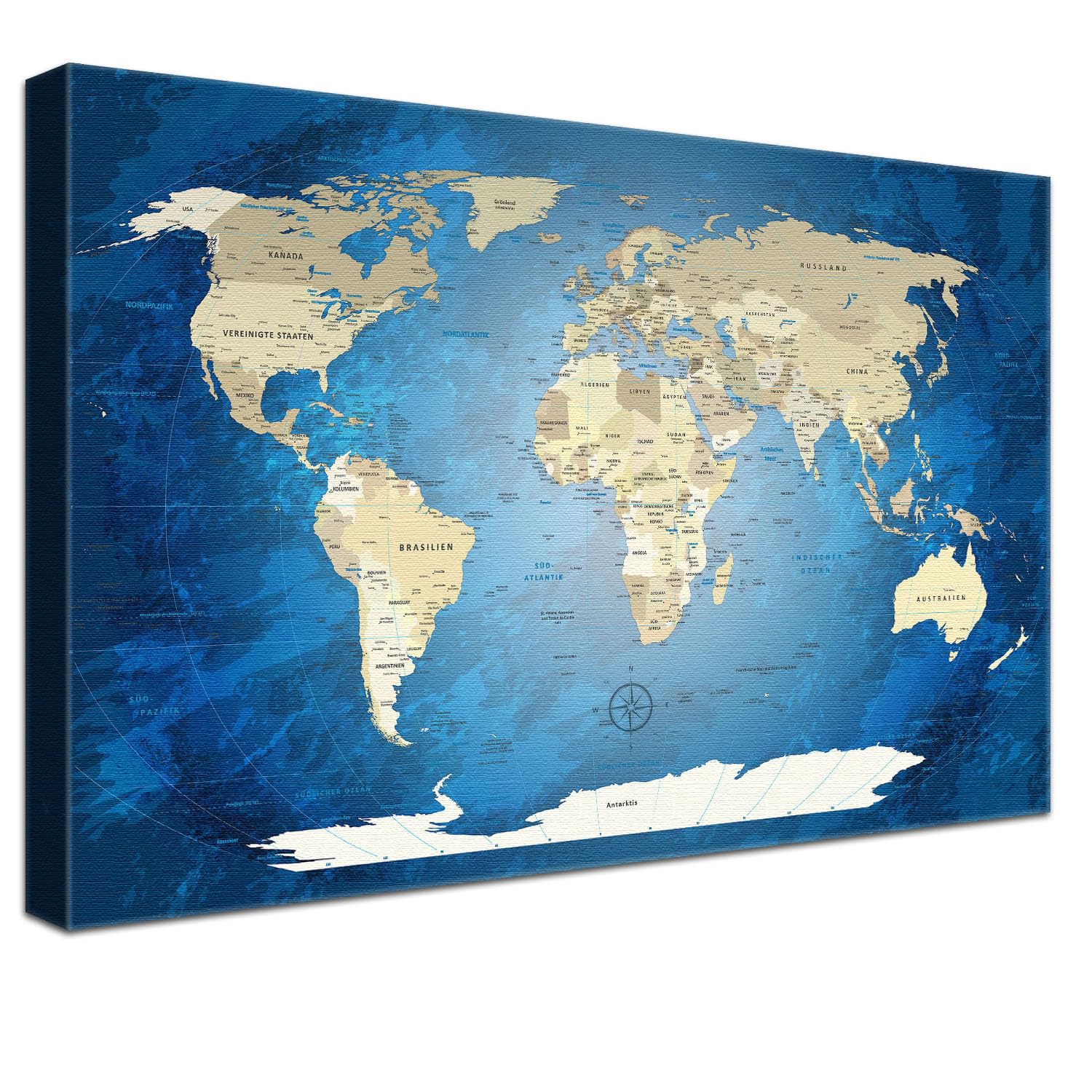 Stilvolle Pinnwand Weltkarte - Blue Ocean - Deutsch in 120 x 80 cm, stabile Rückwand zum Pinnen inkl. Starterkit - Leinwand-Kunstdruck Wandbild Landkarte XXL