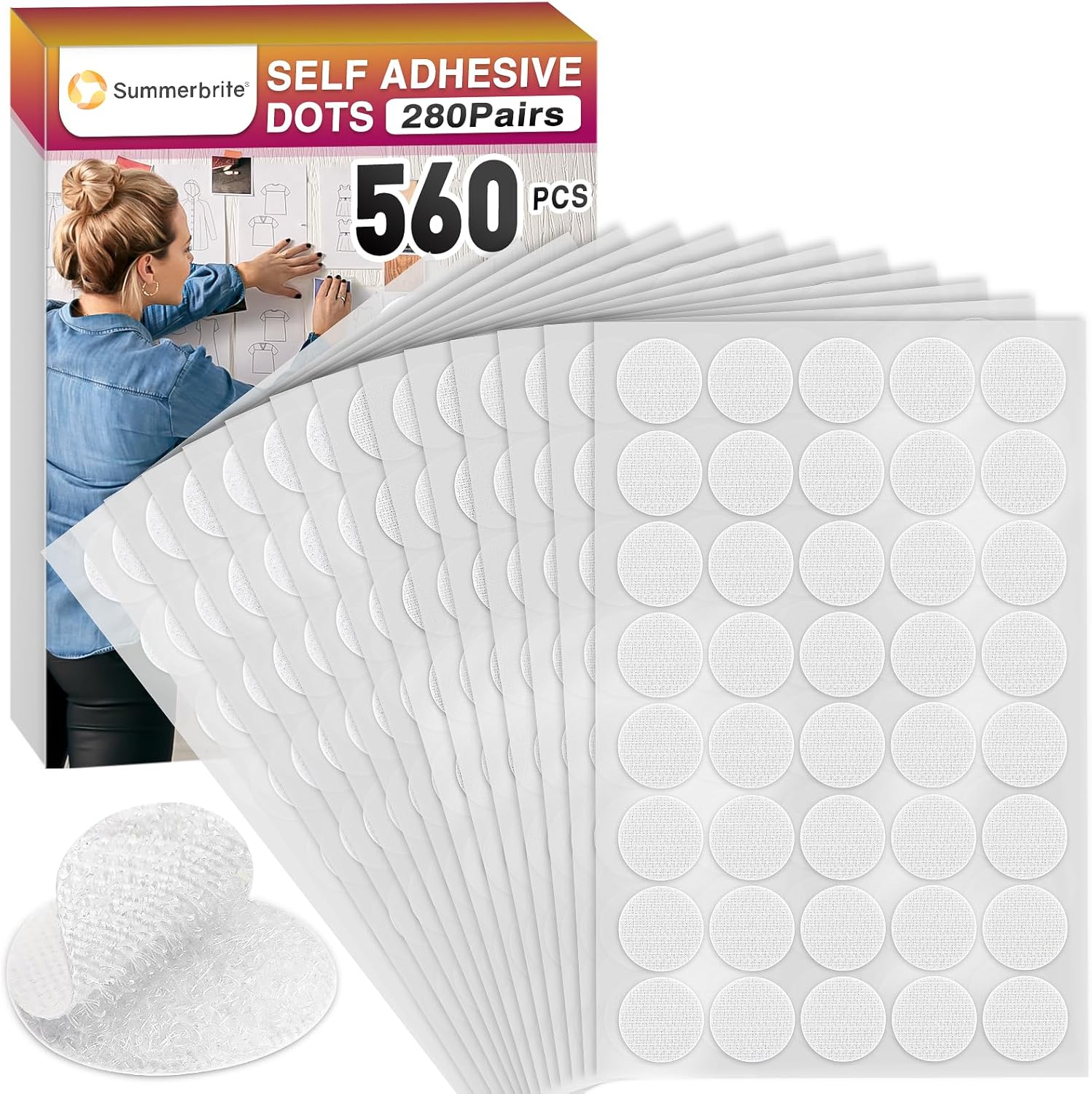 Dots with Adhesive, 280 Pairs 3/4 Inch Round Hook and Loop Fastener, Self Adhesive Circle Sticky Sticker Dots for Home Office School Car and DIY Crafting White