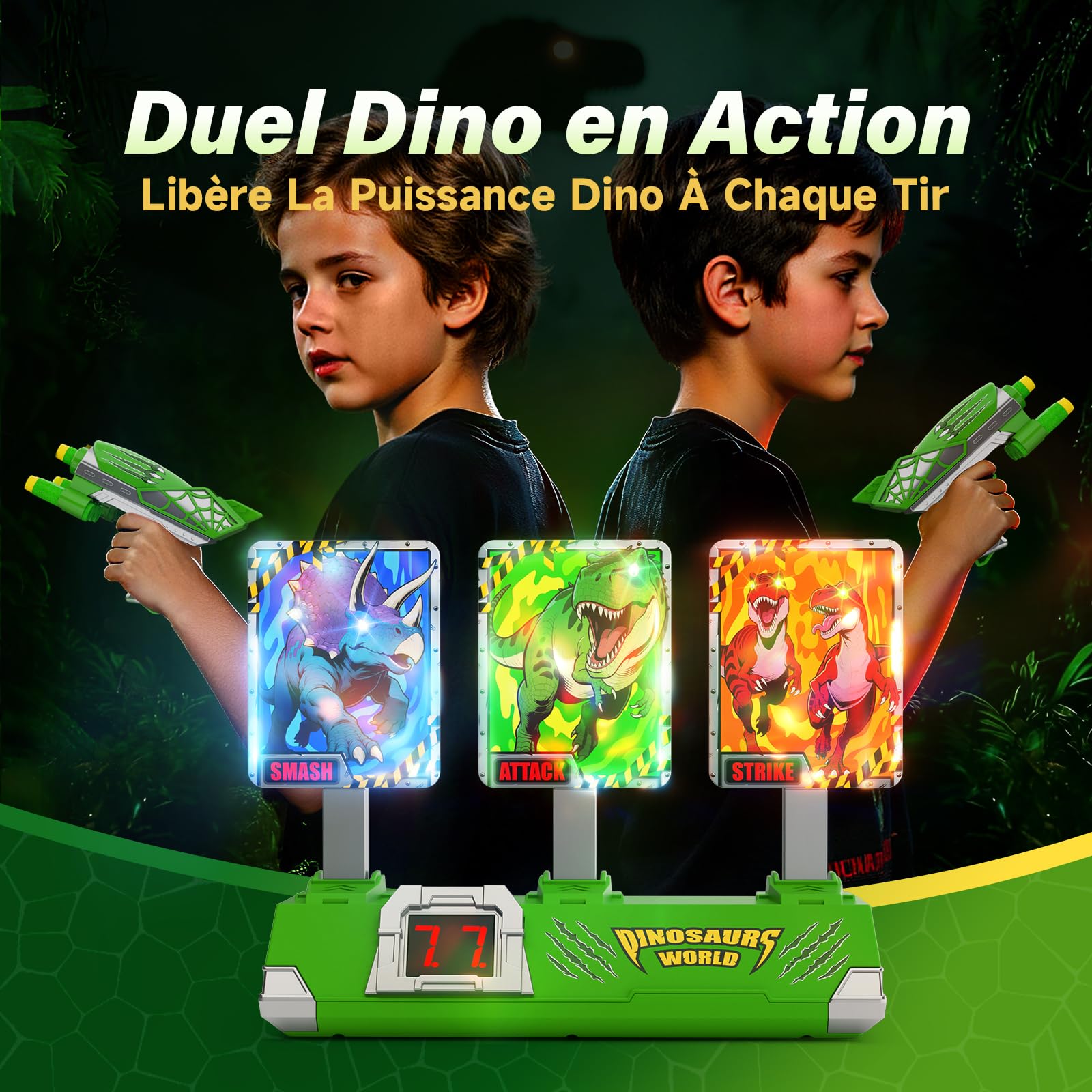 Dinosaure Jouet Pistolet avec Lumineux Cible Tir Electronique Automatiques, Dinosaur Jeux Exterieur Enfant 3-12 Ans Cadeau Garcon 3 4 5 6 7 8 9 10 11 Ans Jouet Enfant 4-9 Garçon Cadeaux Anniversaire