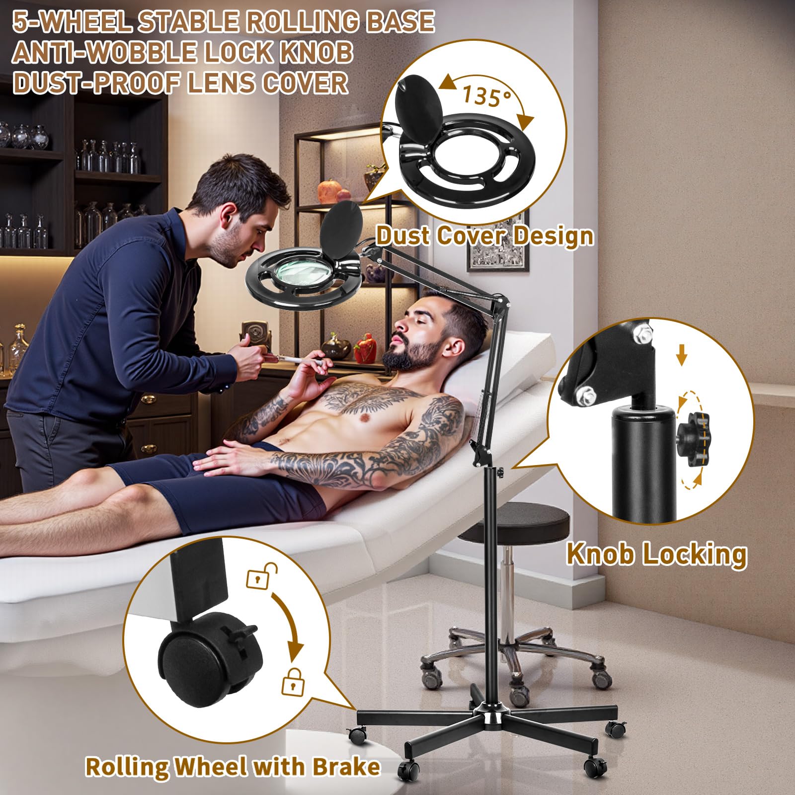 Kosmetiklampe mit 10-Facher Vergrößerung, 2500 Lumen Stufenlos Dimmbar Lupe mit Licht und Ständer 5-Rollen-Fuß, Dimmbare Kosmetik light für Wimperntechnik/Tattoo/Extensions/Schönheit