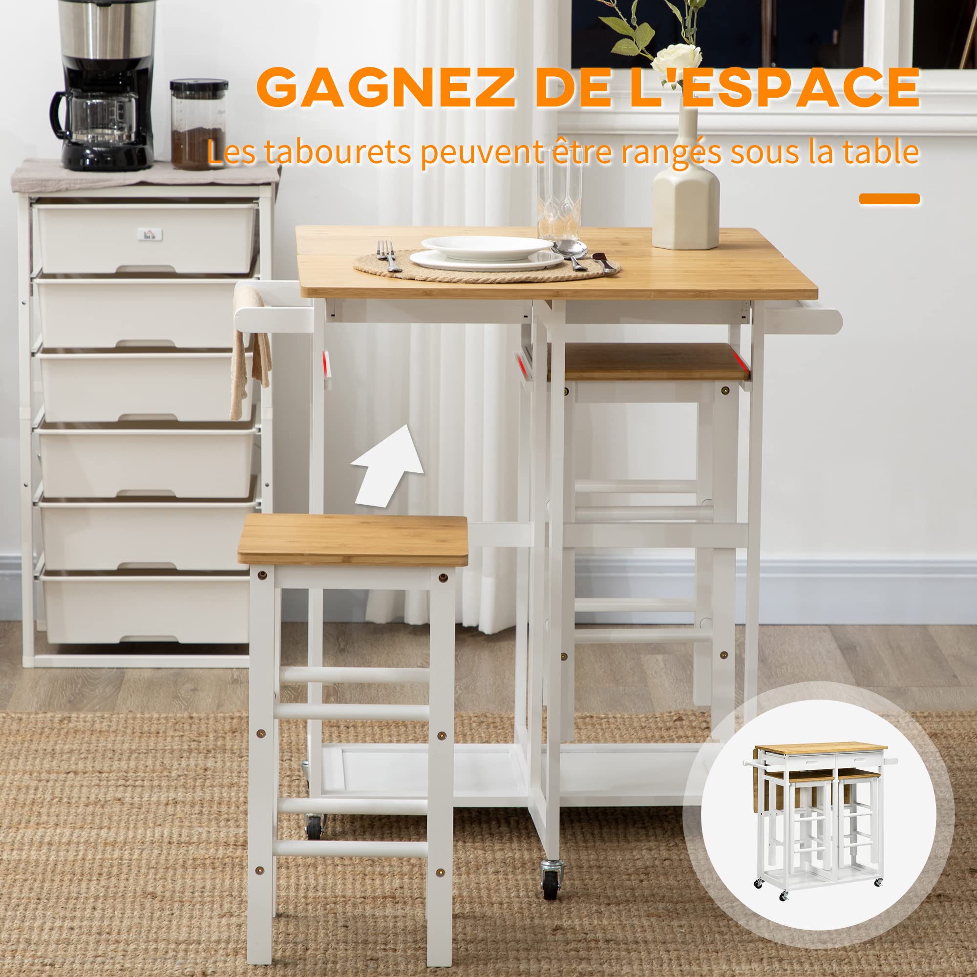 HOMCOM Ensemble Table de Bar Chariot de Cuisine Table de Cuisine Pliante roulettes + 2 tabourets Blanc et Bois Clair - 2 tiroirs et Porte-torchons