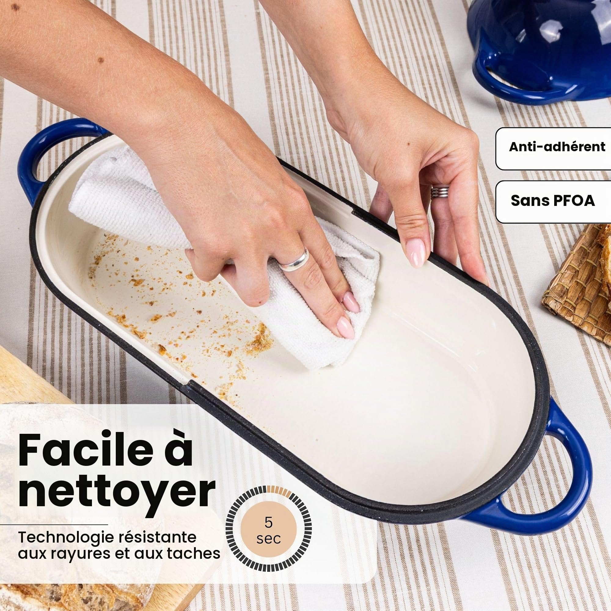 Casserole à pain en fonte émaillée - Cocotte pour la cuisson du pain au levain - Passe au four - Antiadhésive - Rectangulaire - Bleu foncé - 32 cm x 16 cm Nuovva